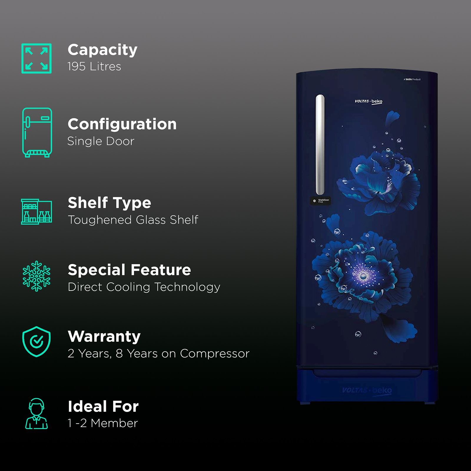 VOLTAS beko 195 Litres 4 Star Direct Cool Single Door Refrigerator with Advanced Carbon Filter (RDC215BFBEXB/BASG, Fairy Flower Blue)_2