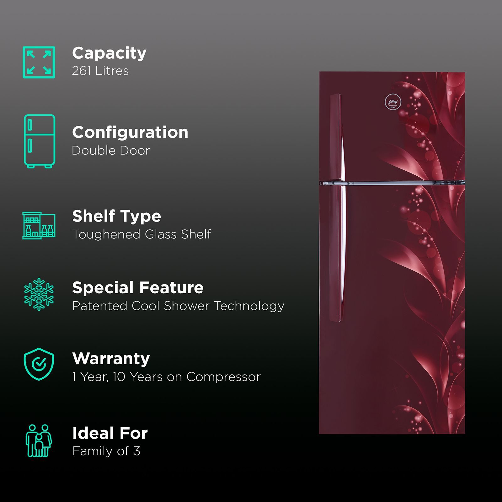 Godrej Eon Vibe 261 Litres 3 Star Frost Free Double Door Refrigerator with Cool Shower Technology (RT EON VIBE 276C 35 HCI, Silky Wine)_2