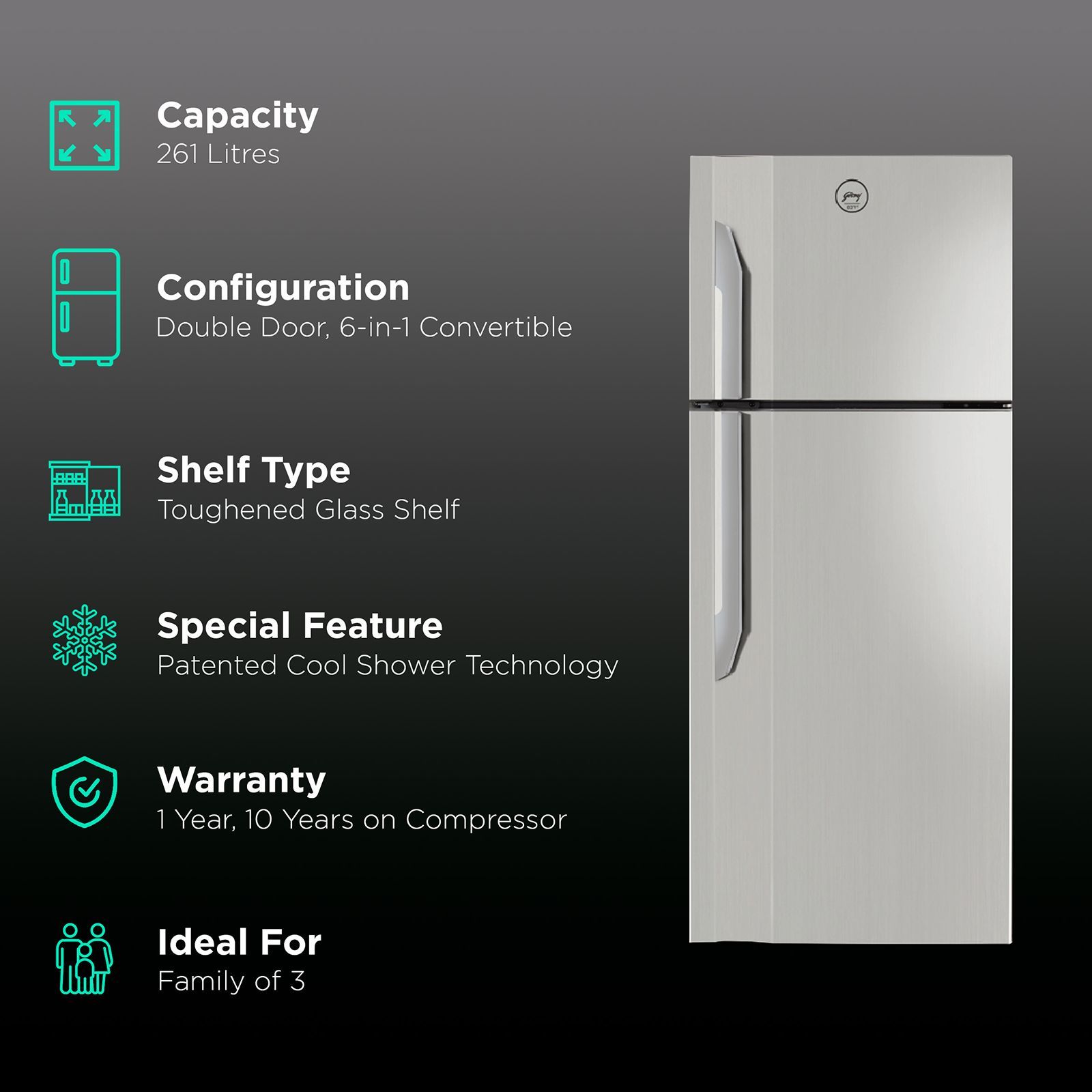 Godrej Eon Vibe 261 Litres 3 Star Frost Free Double Door Convertible Refrigerator with Cool Shower Technology (RT EON VIBE 276C 35 HCIF, Steel Rush) Godrej Eon Vibe 261 Litres 3 Star Frost Free Double Door Convertible Refrigerator with Cool Shower Technology (RT EON VIBE 276C 35 HCIF, Steel Rush)_2