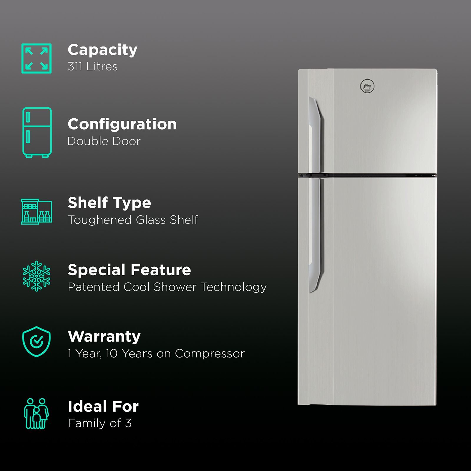 Godrej Eon Vibe 311 Litres 2 Star Frost Free Double Door Refrigerator with Cool Shower Technology (RT EON VIBE 326B 25 HCF, Steel Rush) Godrej Eon Vibe 311 Litres 2 Star Frost Free Double Door Refrigerator with Cool Shower Technology (RT EON VIBE 326B 25 HCF, Steel Rush)_2