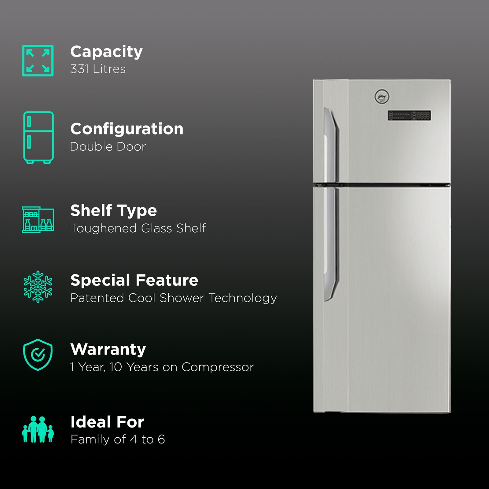 Godrej Eon Vibe 331 Litres 2 Star Frost Free Double Door Convertible Refrigerator with Cool Shower Technology (RT EON VIBE 346B 25 HCIT, Steel Rush) Godrej Eon Vibe 331 Litres 2 Star Frost Free Double Door Convertible Refrigerator with Cool Shower Technology (RT EON VIBE 346B 25 HCIT, Steel Rush)_2