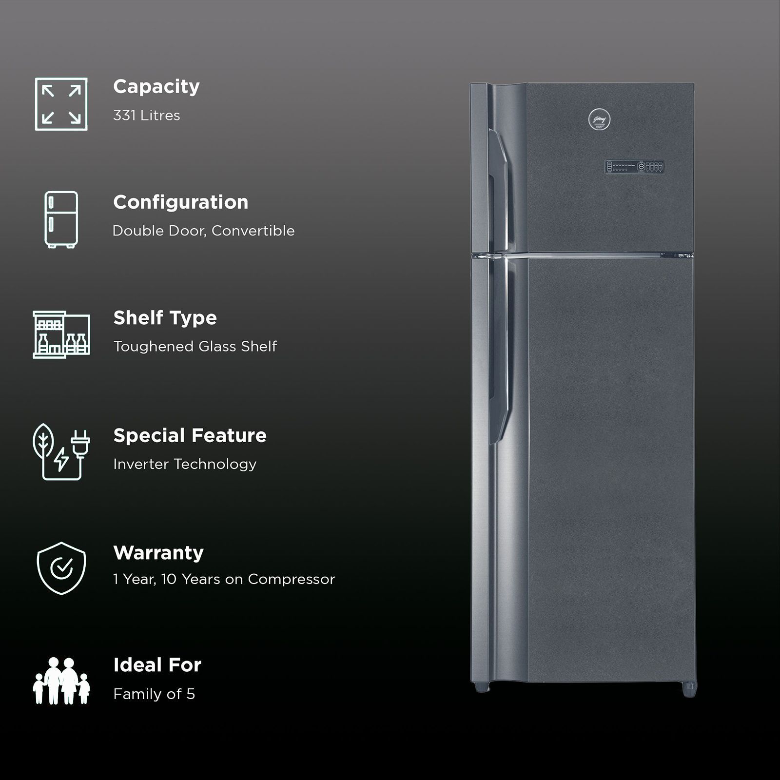 Godrej Eon Vibe 308 Litres 2 Star Frost Free Double Door Convertible Refrigerator with Patented Cool Shower Technology (RT EON VIBE 346B, Matte Black)_2