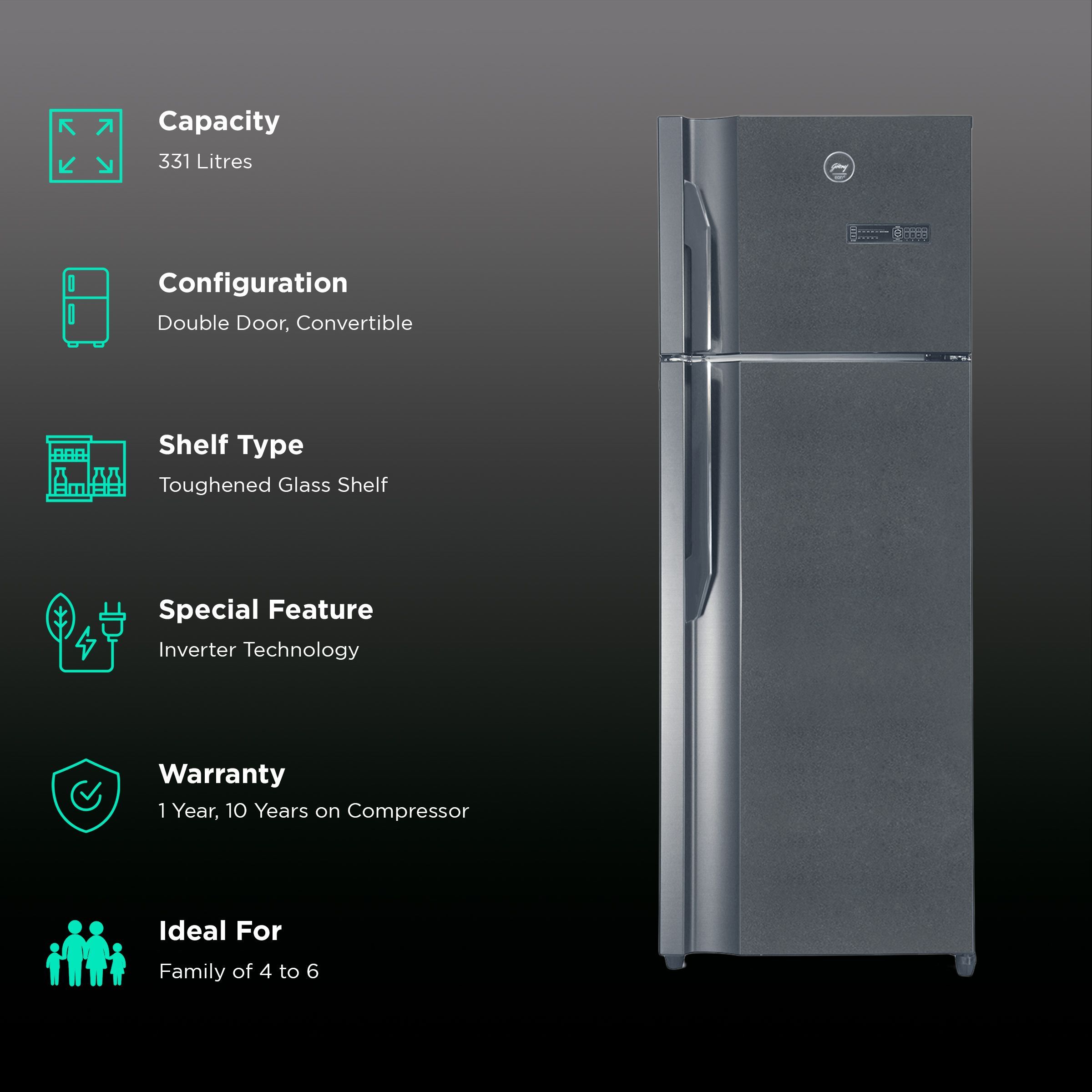 Godrej Eon Vibe 308 Litres 2 Star Frost Free Double Door Convertible Refrigerator with Patented Cool Shower Technology (RT EON VIBE 346B, Matte Black) Godrej Eon Vibe 308 Litres 2 Star Frost Free Double Door Convertible Refrigerator with Patented Cool Shower Technology (RT EON VIBE 346B, Matte Black)_2