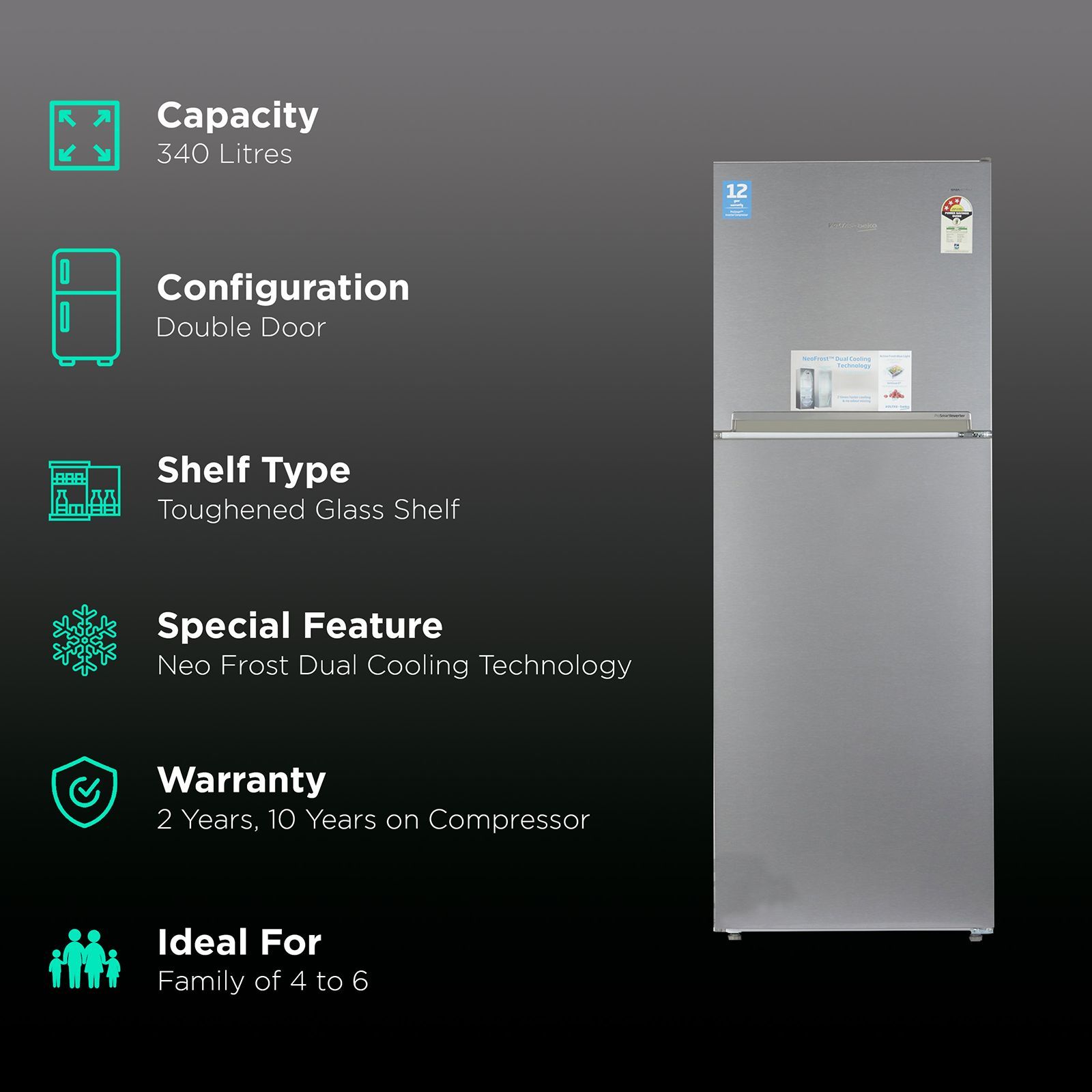 VOLTAS beko 340 Litres 2 Star Frost Free Double Door Refrigerator with Neo Frost Dual Cooling (RFF363I, Silver) VOLTAS beko 340 Litres 2 Star Frost Free Double Door Refrigerator with Neo Frost Dual Cooling (RFF363I, Silver)_2