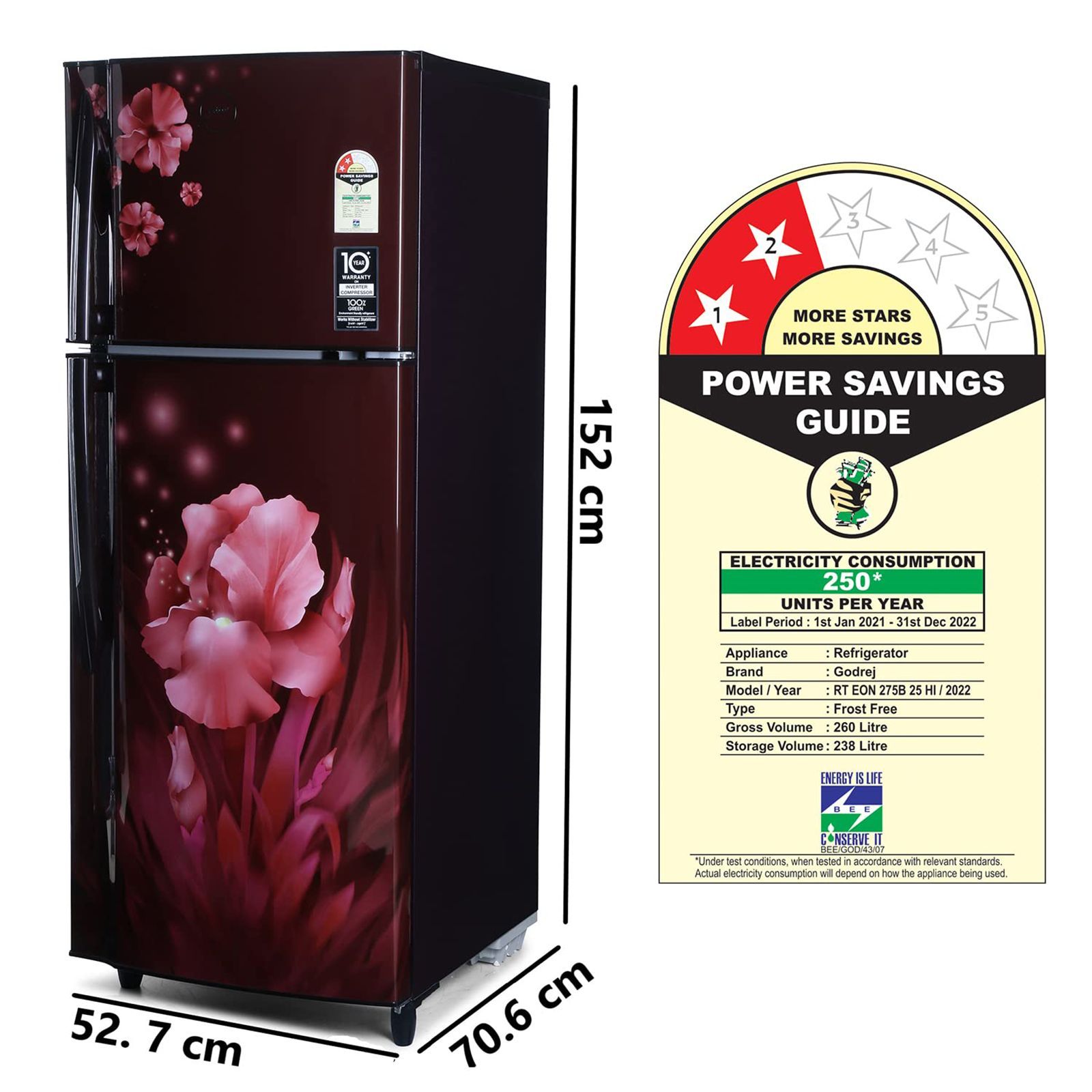 Godrej Eon 260 Litres 2 Star Frost Free Double Door Refrigerator with Anti-Bacterial Gasket (RT EON 275B 25 HI, Aqua Wine) Godrej Eon 260 Litres 2 Star Frost Free Double Door Refrigerator with Anti-Bacterial Gasket (RT EON 275B 25 HI, Aqua Wine)_14