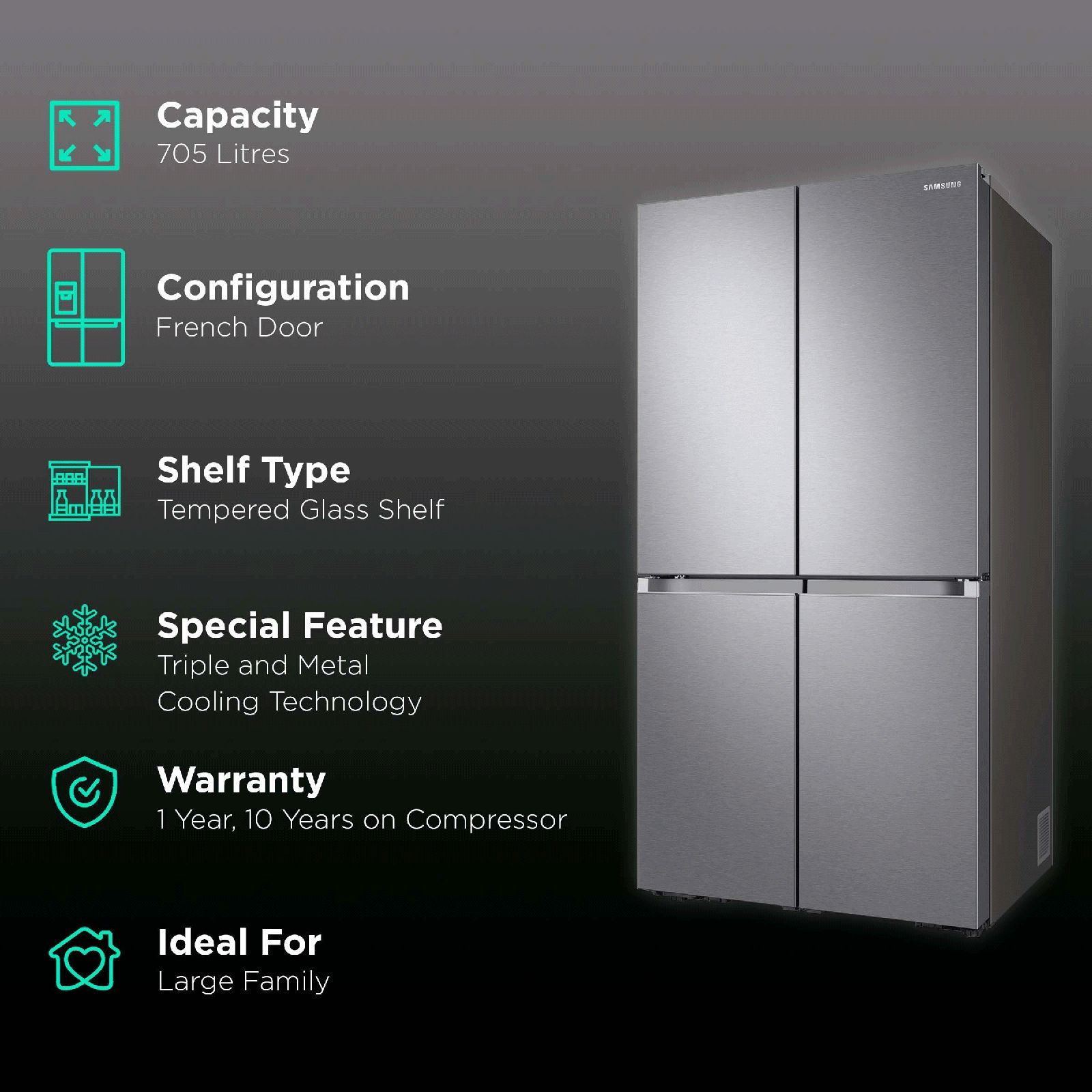 SAMSUNG 705 Litres Frost Free French Door Smart Wi-Fi Enabled Refrigerator with Dual Flex Zone (RF70A90T0SL/TL, Real Stainless)_2