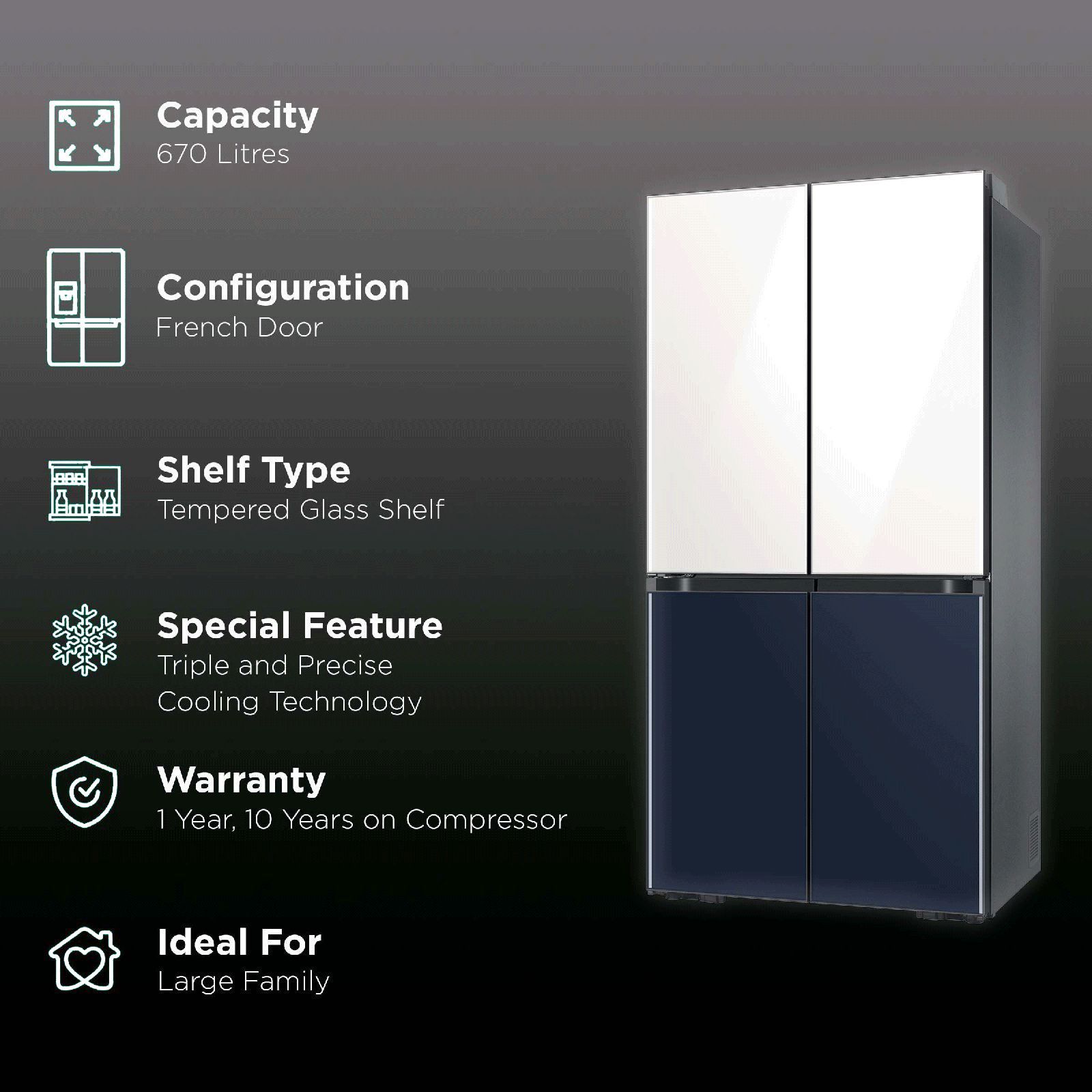 SAMSUNG 620 Litres Frost Free French Door Smart Wi-Fi Enabled Refrigerator with Twin Cooling Plus Technology (RF63A91C377/TL, Glam White/Glam Navy)_2