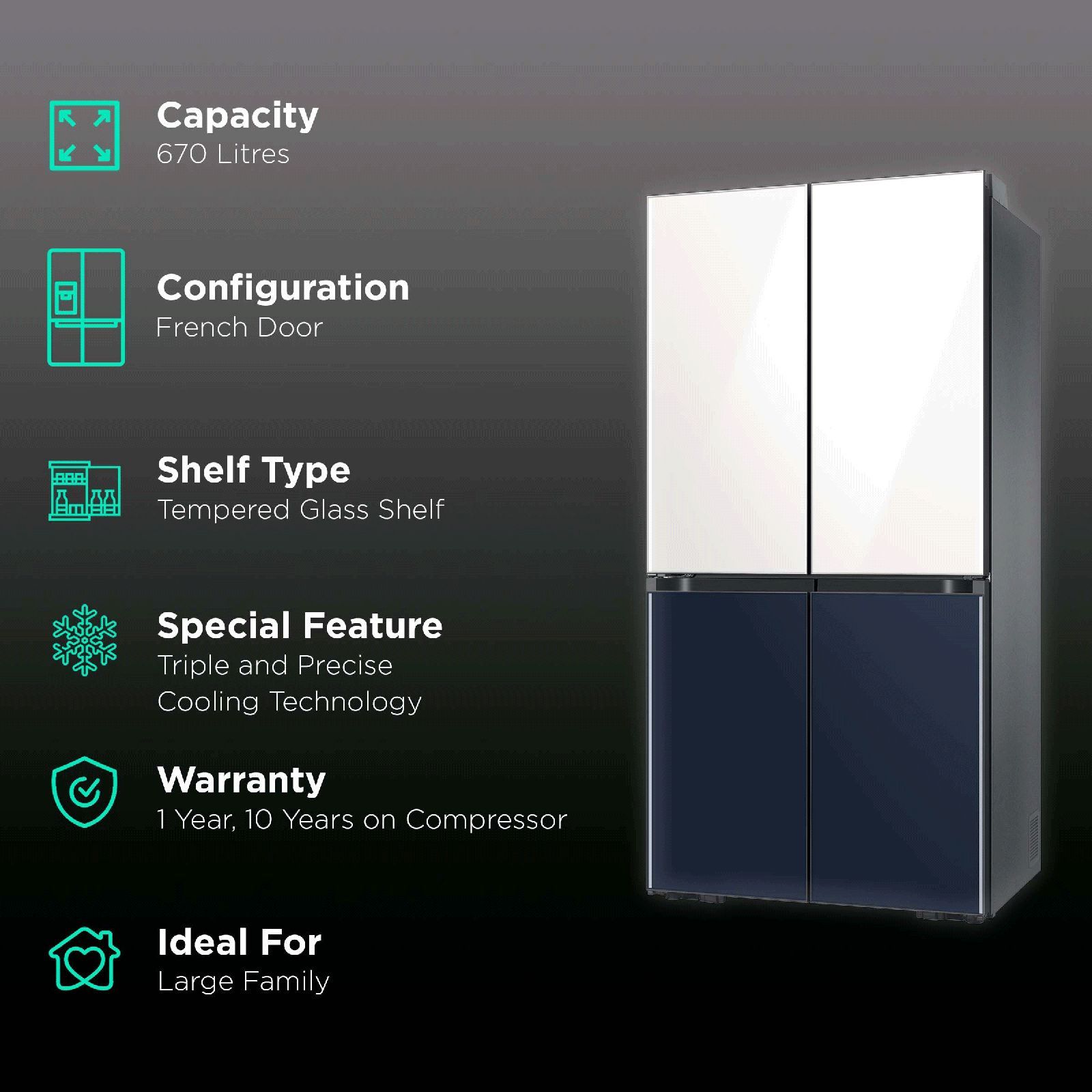 SAMSUNG 620 Litres Frost Free French Door Smart Wi-Fi Enabled Refrigerator with Twin Cooling Plus Technology (RF63A91C377/TL, Glam White/Glam Navy)_2