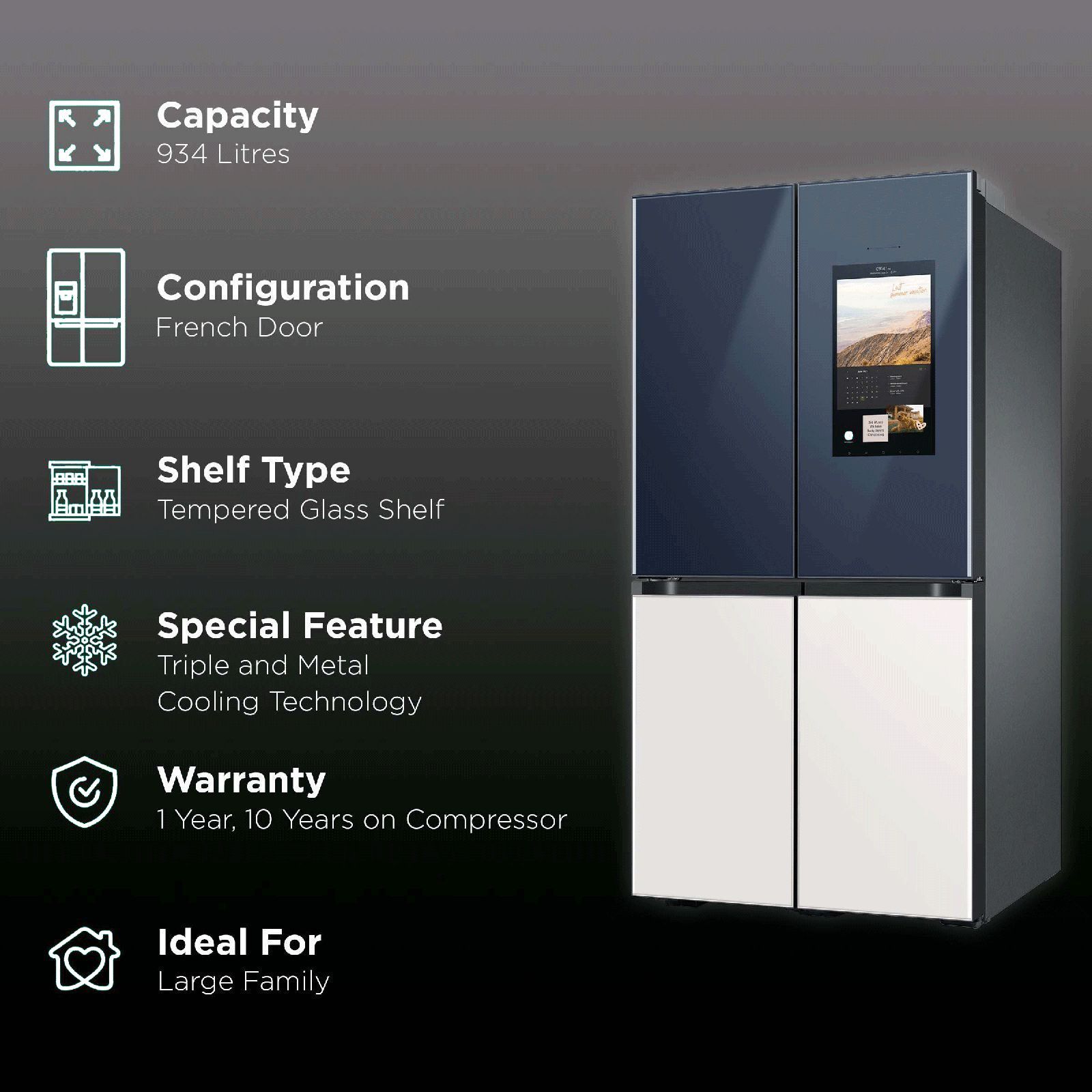 SAMSUNG 934 Litres Frost Free French Door Smart Wi-Fi Enabled Refrigerator with Family Hub (RF90A955387/TL, Glam Navy/Glam White)_2