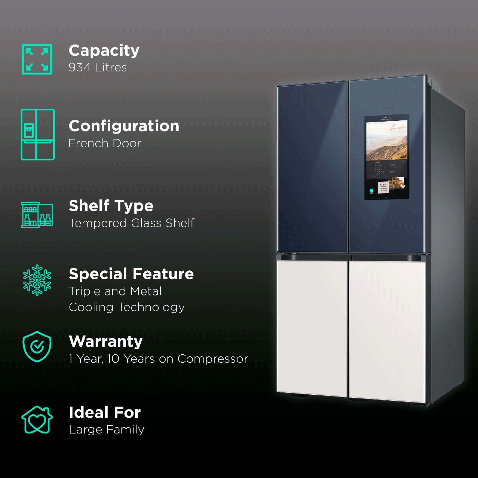 SAMSUNG 934 Litres Frost Free French Door Smart Wi-Fi Enabled Refrigerator with Family Hub (RF90A955387/TL, Glam Navy/Glam White)_2