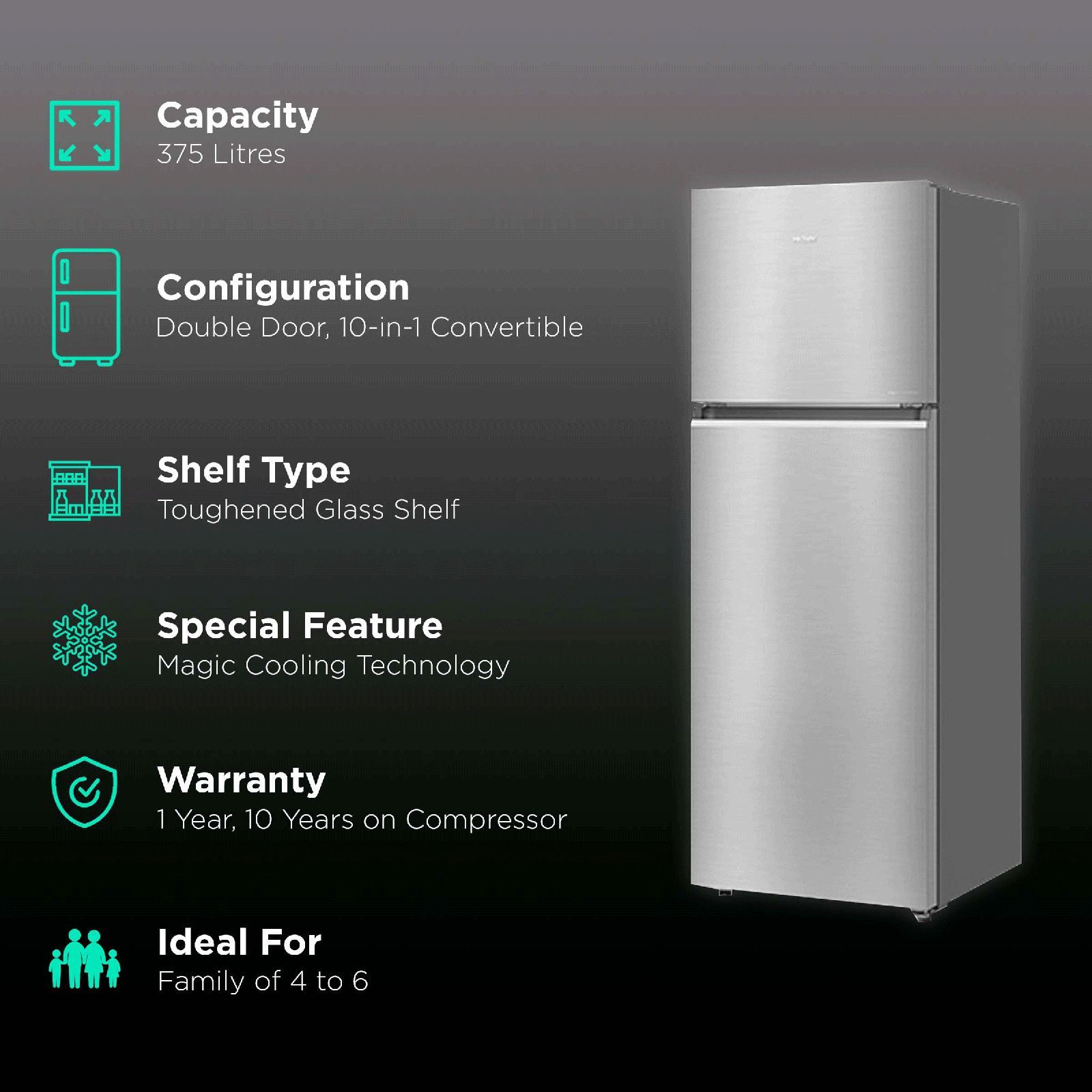 Haier 358 Litres 3 Star Frost Free Double Door Convertible Refrigerator with Magic Cooling Technology (HRF-3954CIS-E, Inox Steel)_2