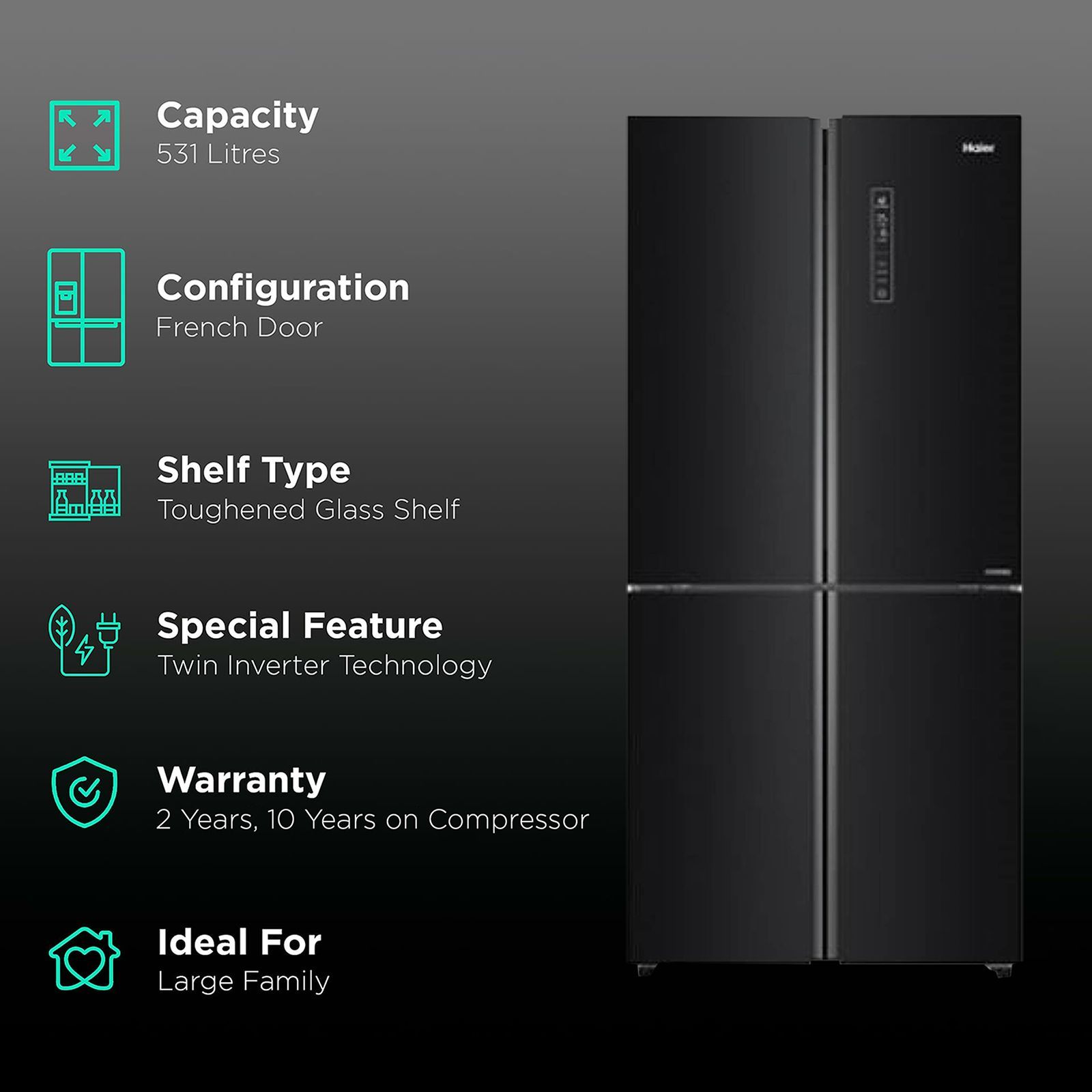 Haier 531 Litres A++ Frost Free French Door Convertible Refrigerator with Dual Humidity Zone (HRB-550KS, Black Steel) Haier 531 Litres A++ Frost Free French Door Convertible Refrigerator with Dual Humidity Zone (HRB-550KS, Black Steel)_2