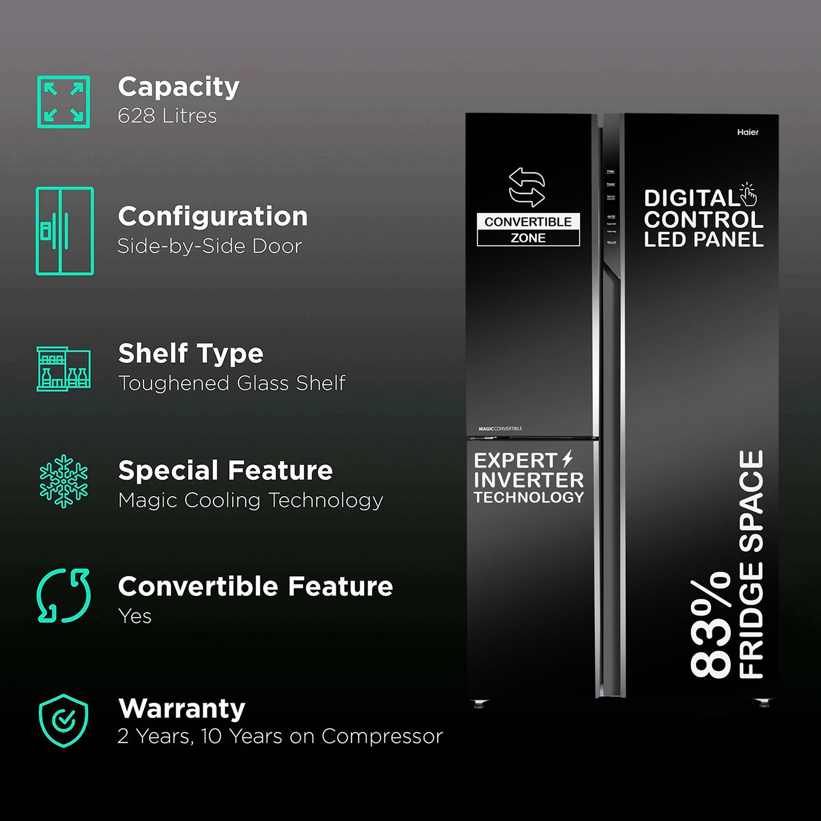 Haier 598 Litres Frost Free Side by Side Refrigerator with Magic Cooling Technology (HRT-683KG, Black Glass)_2