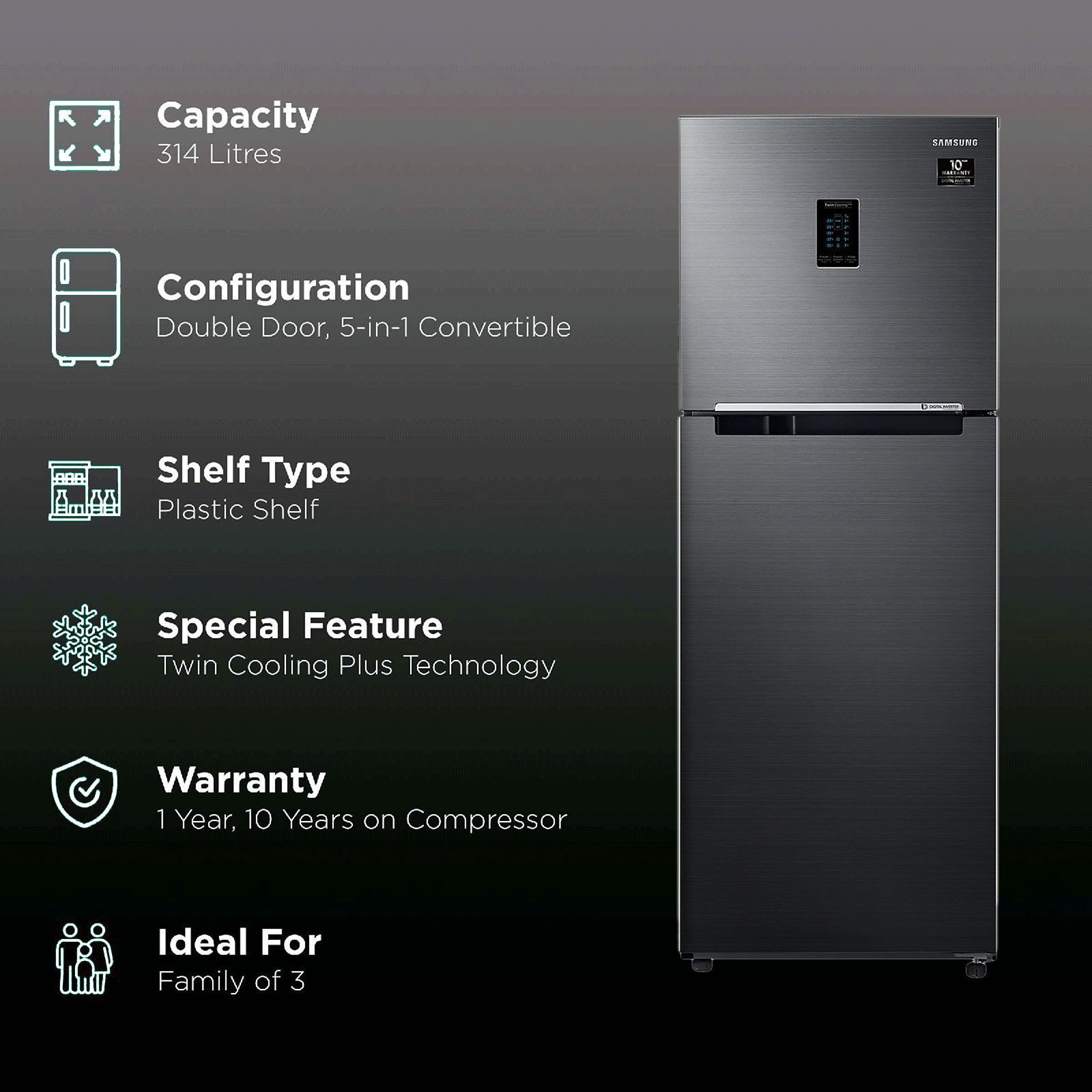 SAMSUNG 314 Litres 3 Star Frost Free Double Door Convertible Refrigerator with Multi Air Flow System (RT34A4533BX/HL, Luxe Black) SAMSUNG 314 Litres 3 Star Frost Free Double Door Convertible Refrigerator with Multi Air Flow System (RT34A4533BX/HL, Luxe Black)_2