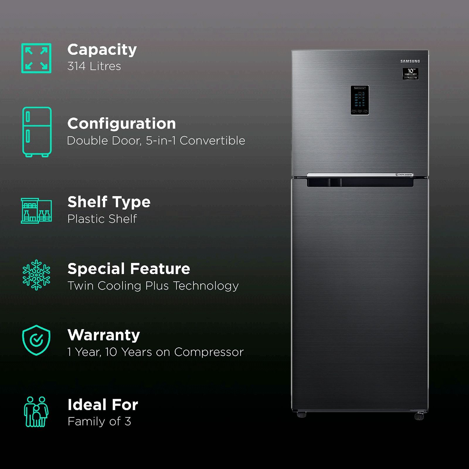 SAMSUNG 314 Litres 3 Star Frost Free Double Door Convertible Refrigerator with Multi Air Flow System (RT34A4533BX/HL, Luxe Black)_2