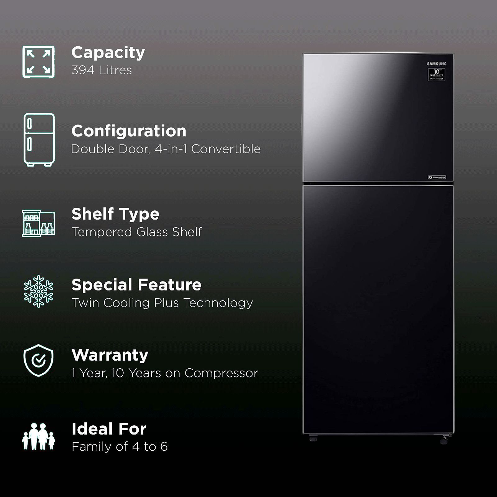 SAMSUNG 394 Litres 2 Star Frost Free Double Door Convertible Refrigerator with Anti-Bacteria Protector (RT39T50382C/TL, Black Glass)_2