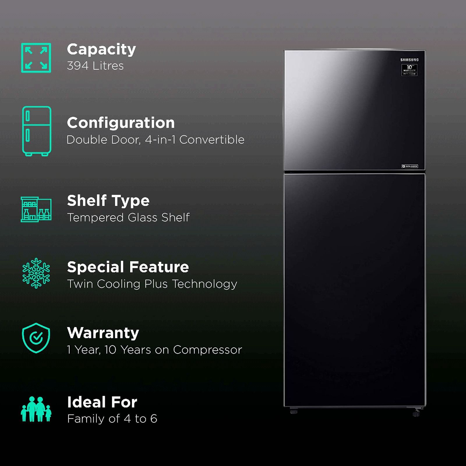 SAMSUNG 394 Litres 2 Star Frost Free Double Door Convertible Refrigerator with Anti-Bacteria Protector (RT39T50382C/TL, Black Glass) SAMSUNG 394 Litres 2 Star Frost Free Double Door Convertible Refrigerator with Anti-Bacteria Protector (RT39T50382C/TL, Black Glass)_2