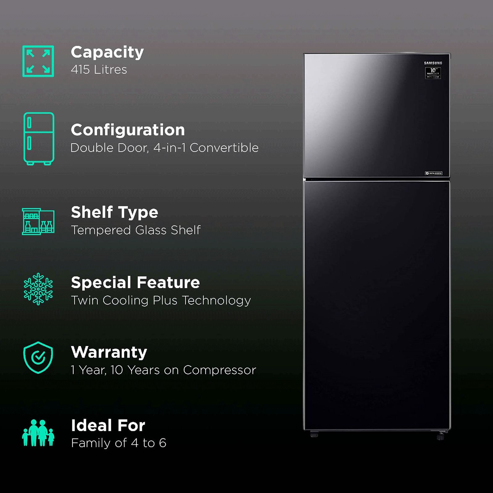 SAMSUNG 415 Litres 2 Star Frost Free Double Door Convertible Refrigerator with Anti-Bacteria Protector (RT42T50682C/TL, Black Glass)_2