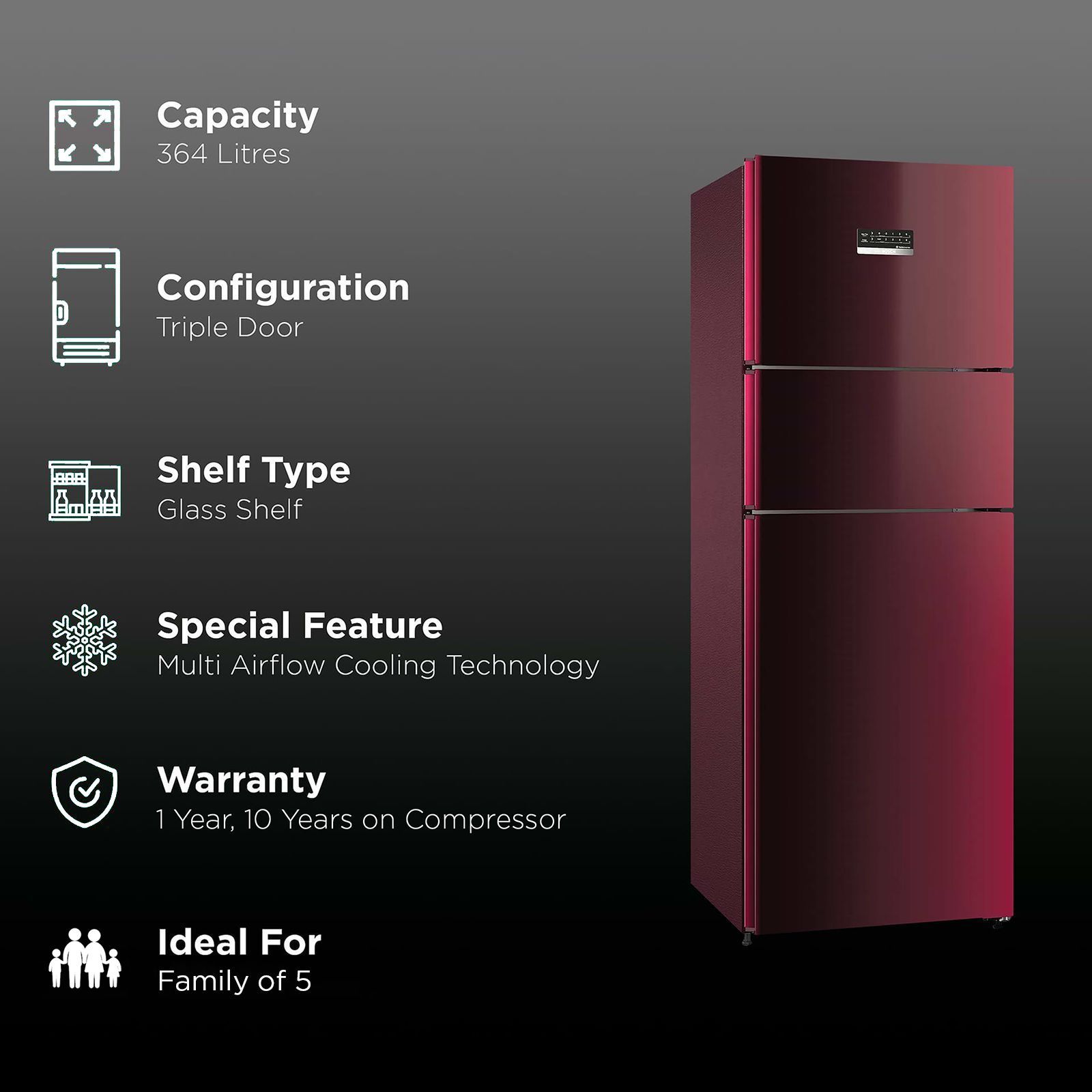 BOSCH Series 4 335 Litres Frost Free Triple Door Convertible Refrigerator with Temperature Display (CMC36WT5NI, Transition Wine)_2