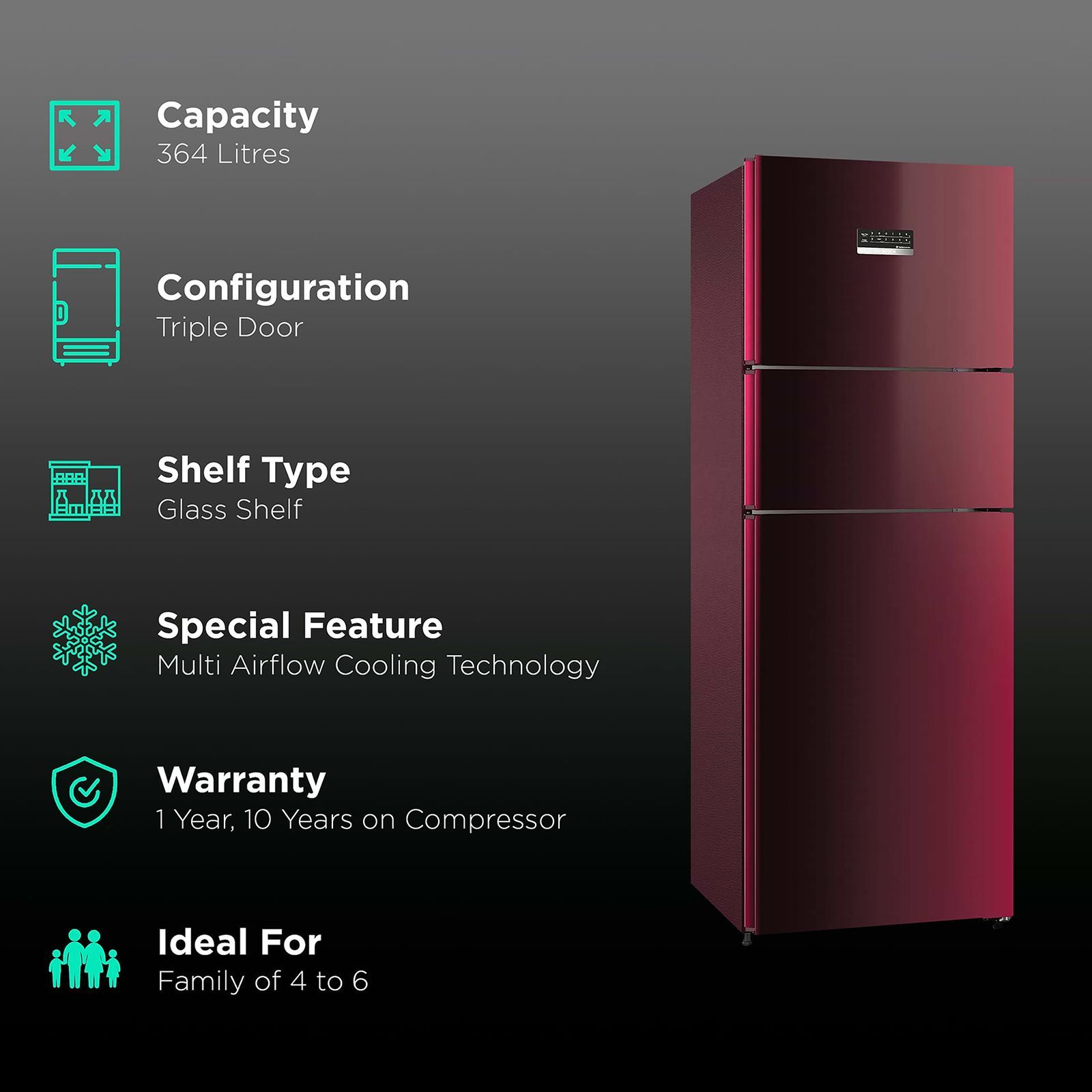 BOSCH Series 4 335 Litres Frost Free Triple Door Convertible Refrigerator with Temperature Display (CMC36WT5NI, Transition Wine) BOSCH Series 4 335 Litres Frost Free Triple Door Convertible Refrigerator with Temperature Display (CMC36WT5NI, Transition Wine)_2