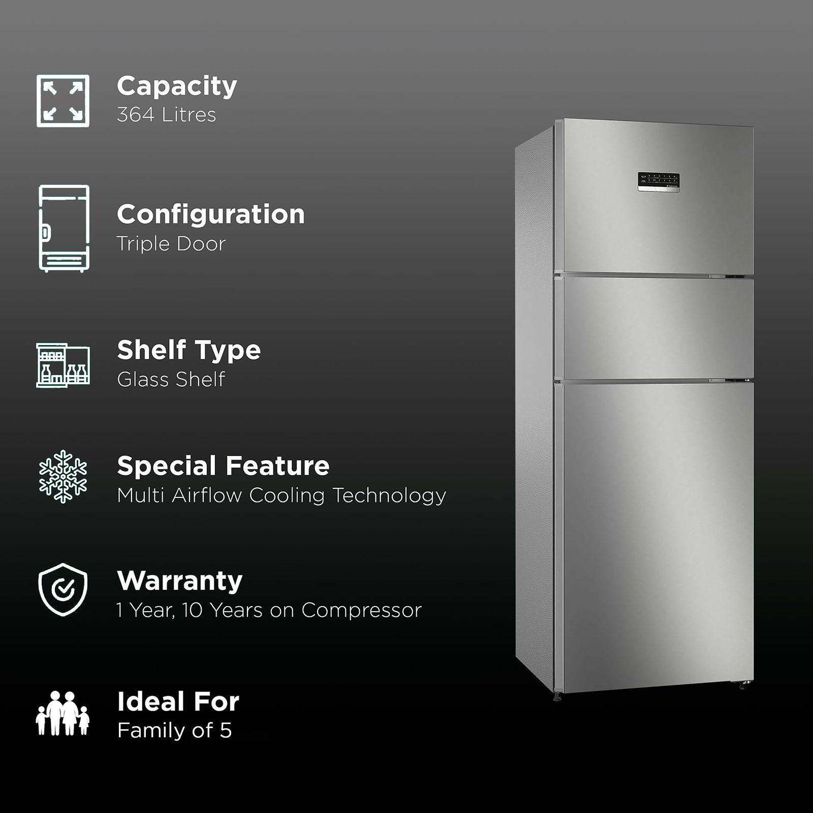 BOSCH Series 6 335 Litres Frost Free Triple Door Convertible Refrigerator with Temperature Display (CMC36S05NI, Shiney Silver)_2