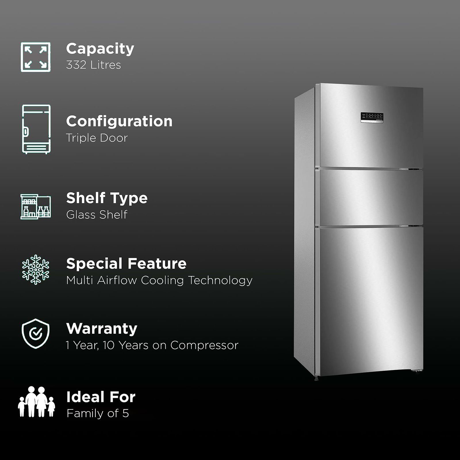 BOSCH Series 4 303 Litres Frost Free Triple Door Convertible Refrigerator with Temperature Display (CMC33K05NI, Smoky Steel)_2