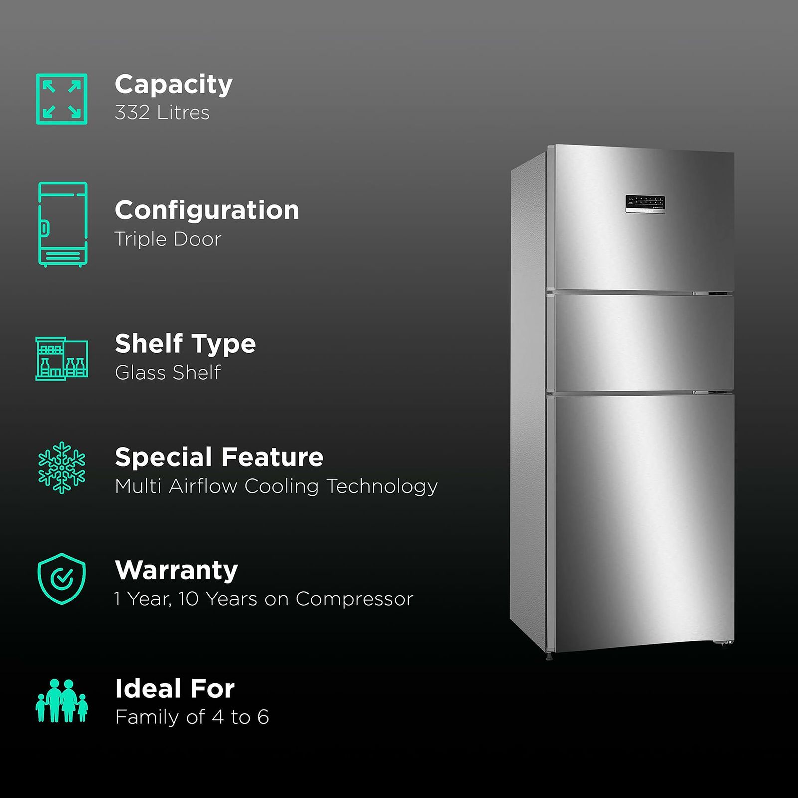 BOSCH Series 4 303 Litres Frost Free Triple Door Convertible Refrigerator with Temperature Display (CMC33K05NI, Smoky Steel) BOSCH Series 4 303 Litres Frost Free Triple Door Convertible Refrigerator with Temperature Display (CMC33K05NI, Smoky Steel)_2