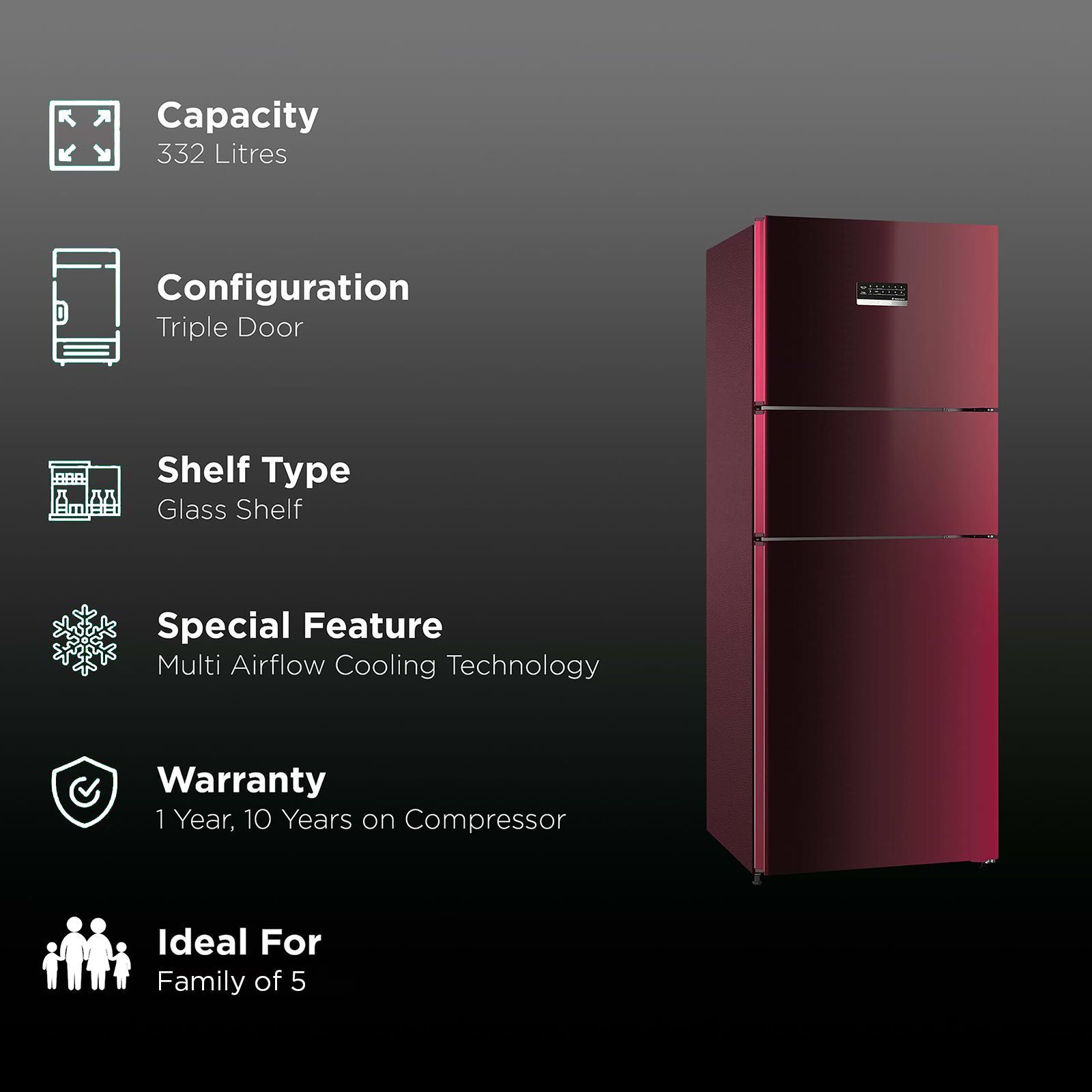 BOSCH Series 4 303 Litres Frost Free Triple Door Convertible Refrigerator with Temperature Display (CMC33WT5NI, Transition Wine)_2