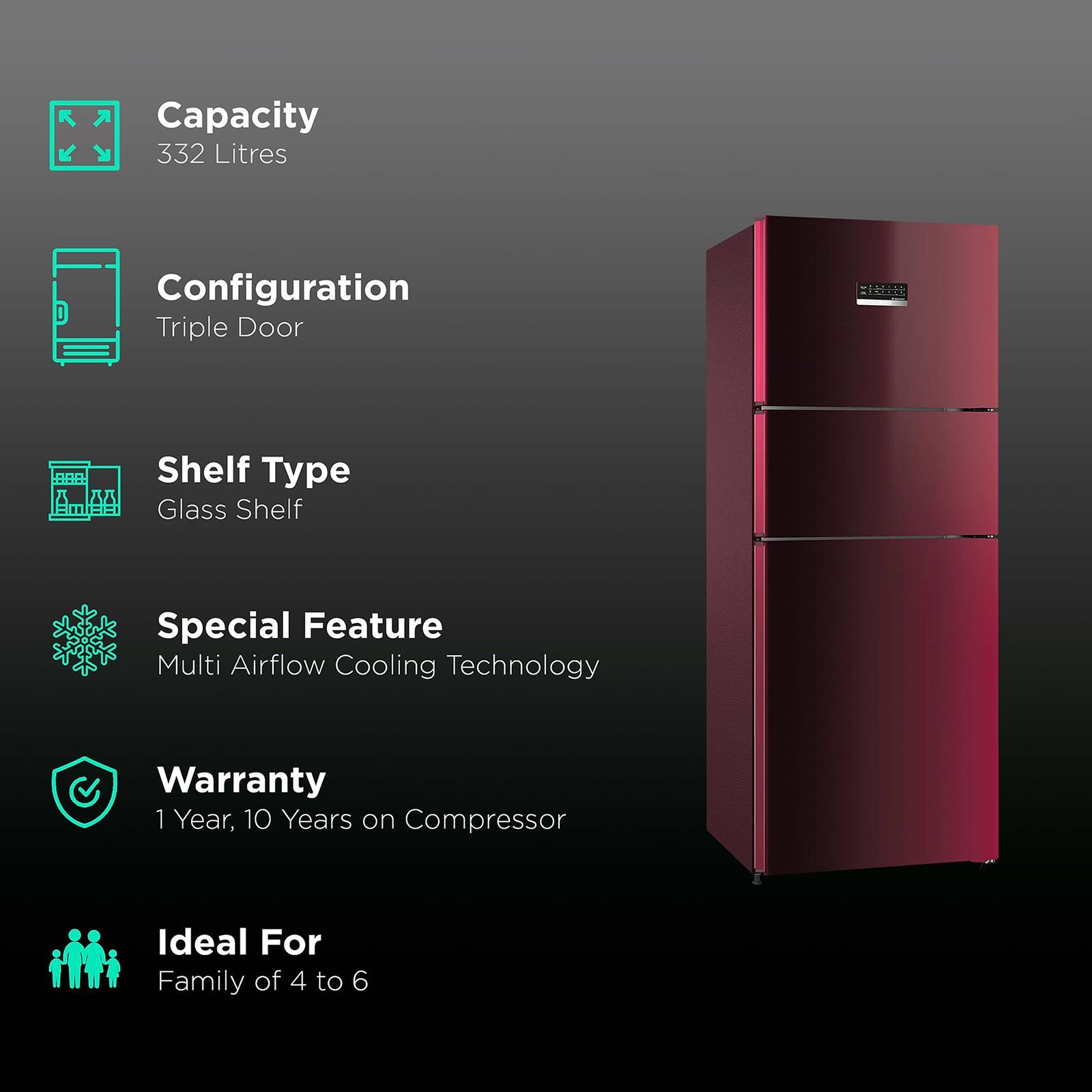 BOSCH Series 4 303 Litres Frost Free Triple Door Convertible Refrigerator with Temperature Display (CMC33WT5NI, Transition Wine) BOSCH Series 4 303 Litres Frost Free Triple Door Convertible Refrigerator with Temperature Display (CMC33WT5NI, Transition Wine)_2