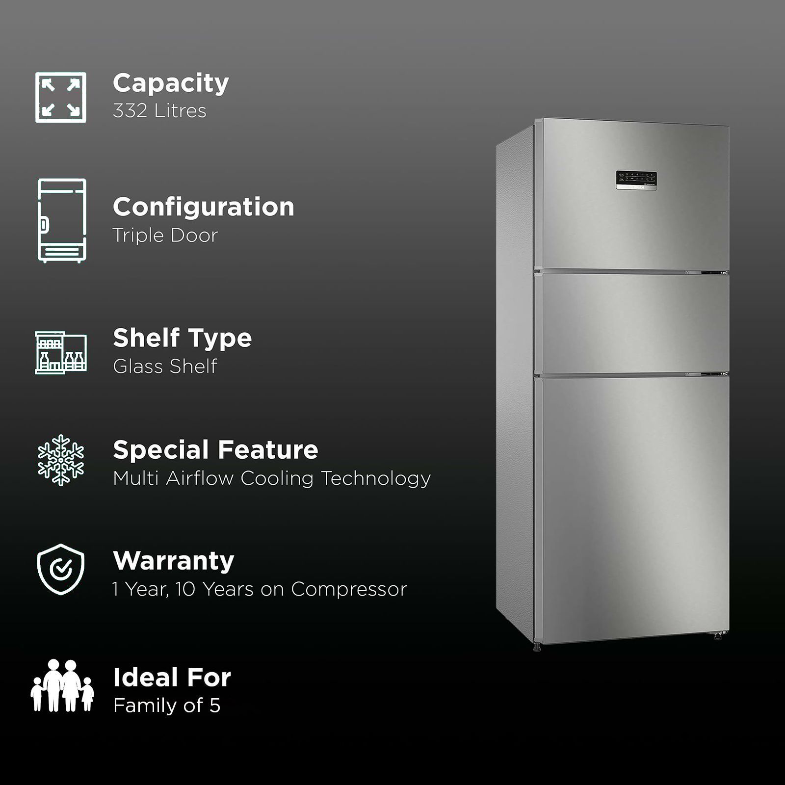 BOSCH Series 4 303 Litres Frost Free Triple Door Convertible Refrigerator with Temperature Display (CMC33S05NI, Shiney Silver)_2