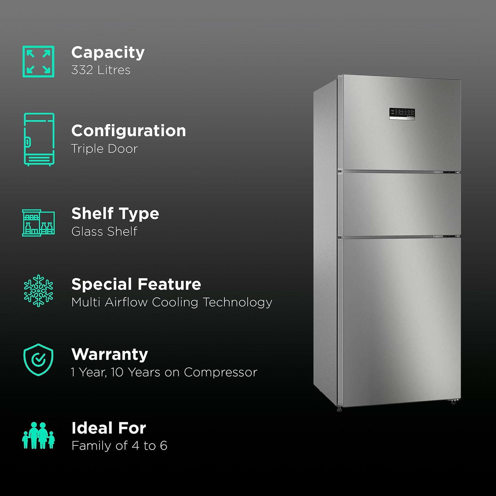 BOSCH Series 4 303 Litres Frost Free Triple Door Convertible Refrigerator with Temperature Display (CMC33S05NI, Shiney Silver)_2