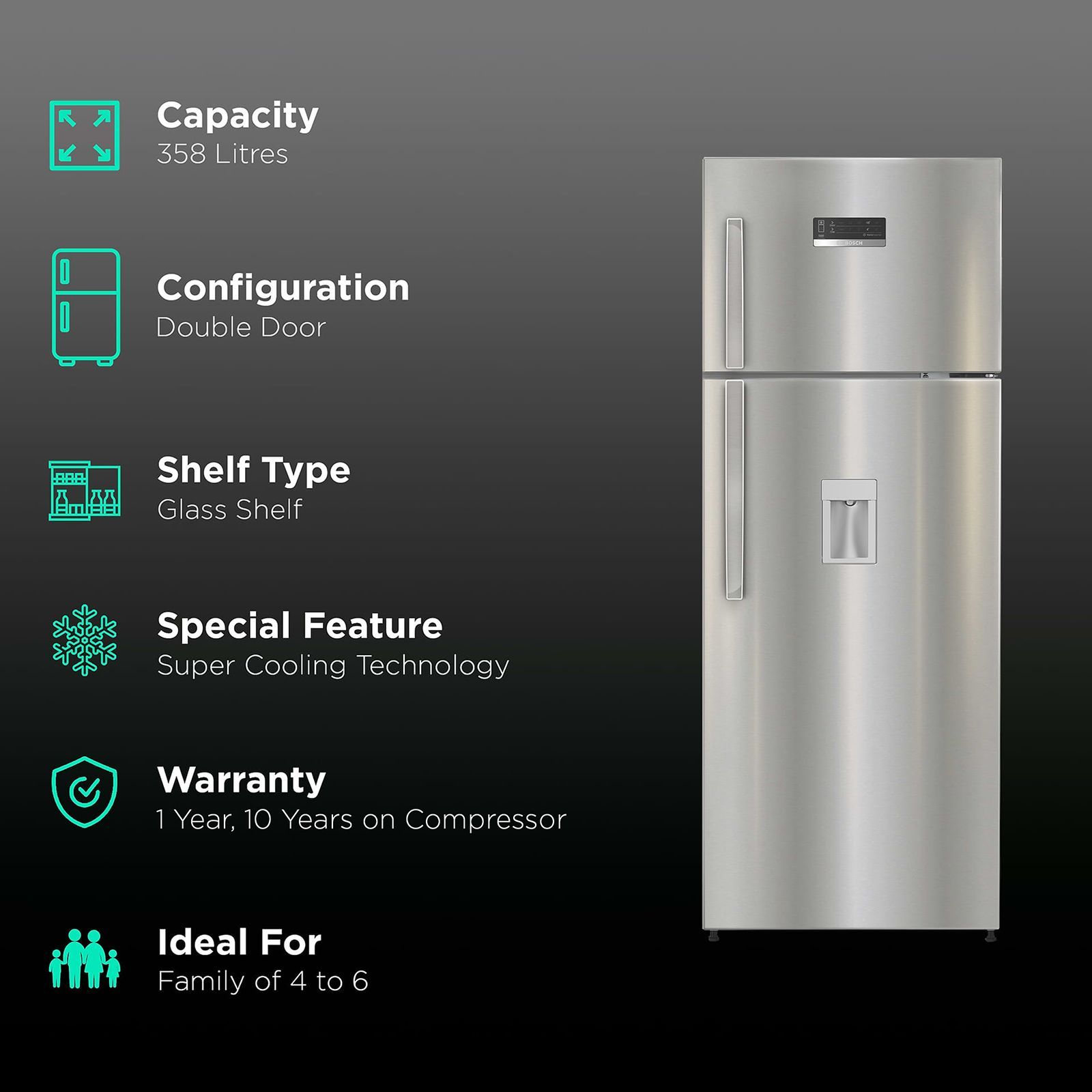 BOSCH Series 4 358 Litres 3 Star Frost Free Double Door Convertible Refrigerator with Temperature Display (CTC35S03DI, Shiney Silver) BOSCH Series 4 358 Litres 3 Star Frost Free Double Door Convertible Refrigerator with Temperature Display (CTC35S03DI, Shiney Silver)_2