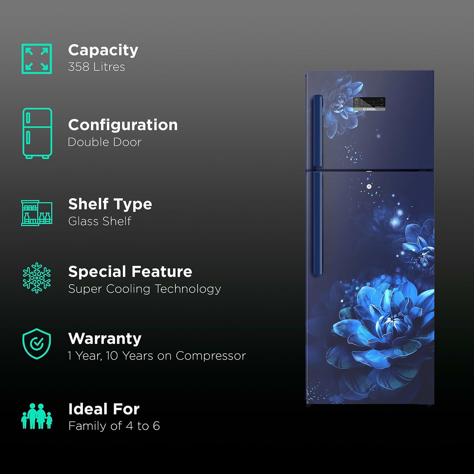 BOSCH Series 4 358 Litres 3 Star Frost Free Double Door Refrigerator with Temperature Display (CTC35B23EI, Sevian Blue) BOSCH Series 4 358 Litres 3 Star Frost Free Double Door Refrigerator with Temperature Display (CTC35B23EI, Sevian Blue)_2