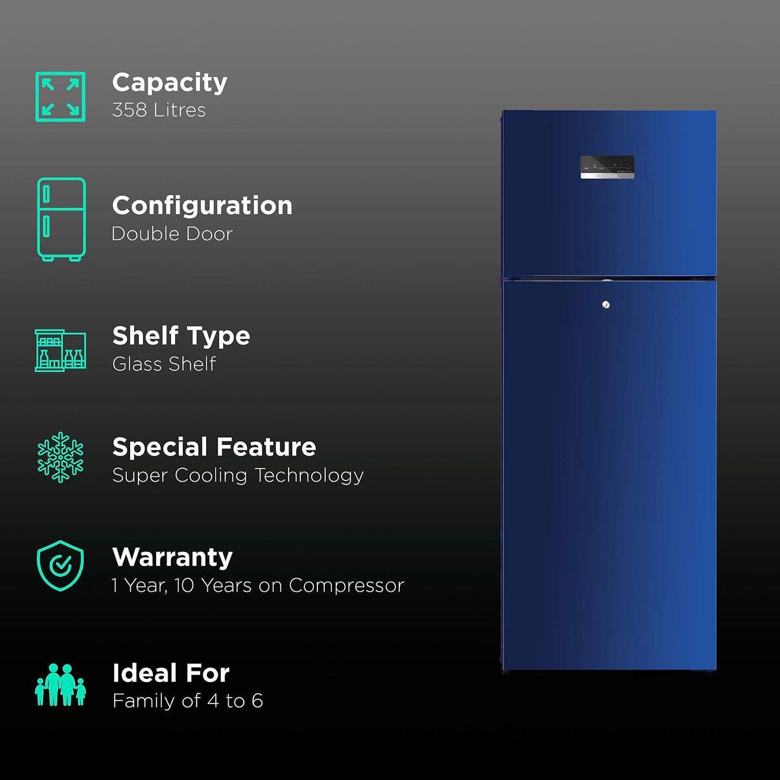 BOSCH Series 4 358 Litres 3 Star Frost Free Double Door Convertible Refrigerator with Temperature Display (CTC35BT3NI, Transition Blue)_2