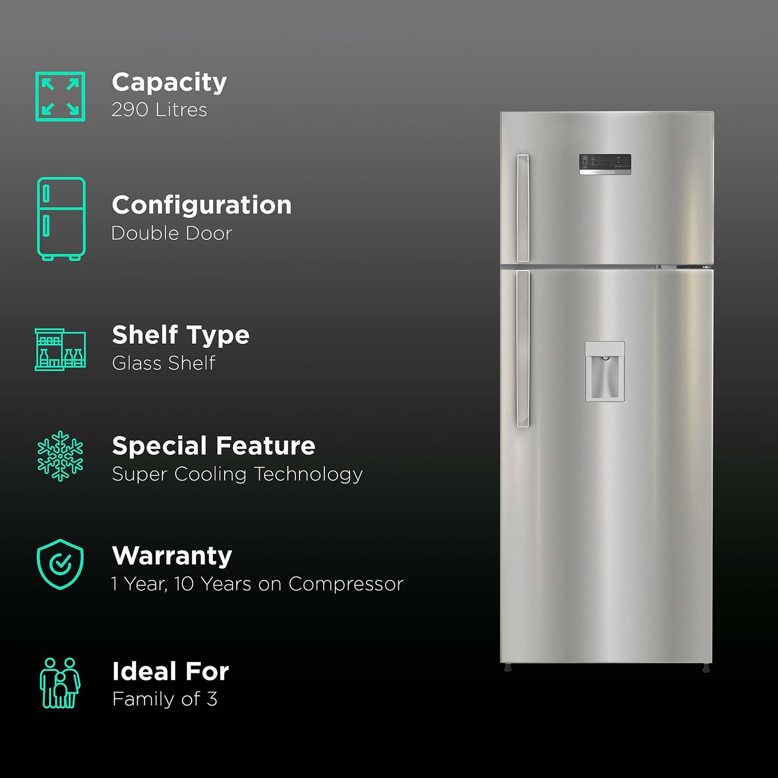 BOSCH Series 4 290 Litres 4 Star Frost Free Double Door Convertible Refrigerator with Water Dispenser (CTC29S04DI, Shiney Silver)_2