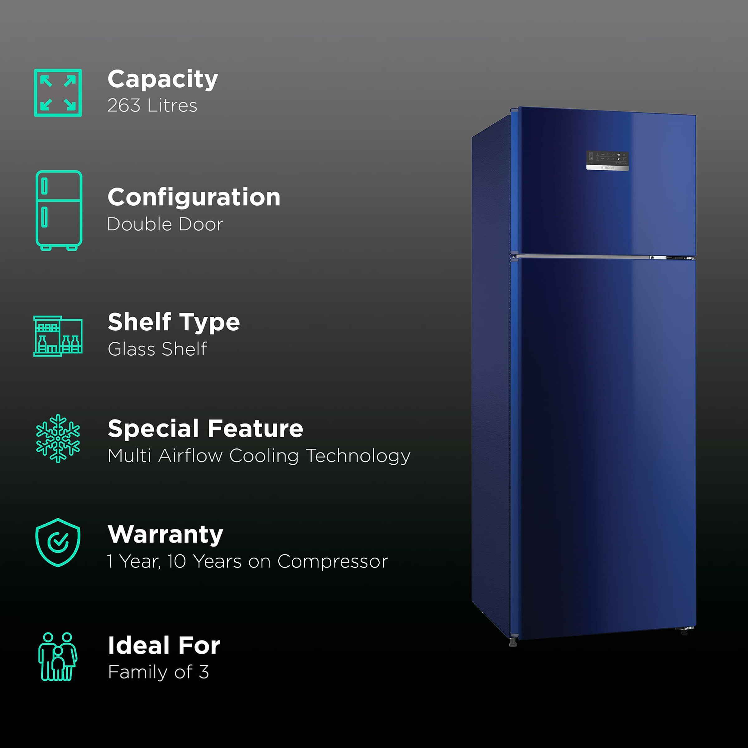 BOSCH Series 4 263 Litres 4 Star Frost Free Double Door Convertible Refrigerator with Temperature Display (CTC27BT4NI, Transition Blue) BOSCH Series 4 263 Litres 4 Star Frost Free Double Door Convertible Refrigerator with Temperature Display (CTC27BT4NI, Transition Blue)_2