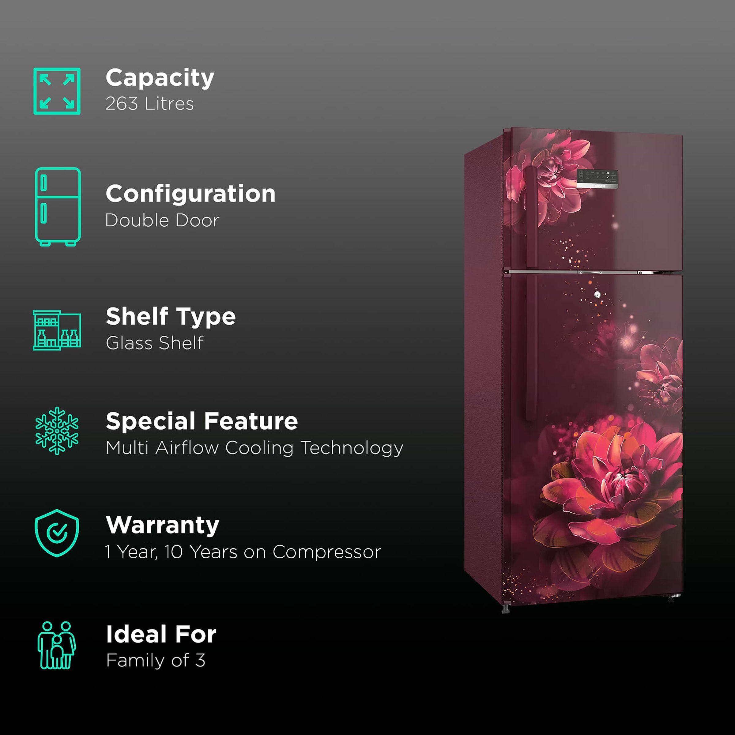 BOSCH Series 6 243 Litres 4 Star Frost Free Double Door Convertible Refrigerator with Temperature Display (CTC27W24EI, Sevian Wine)_2