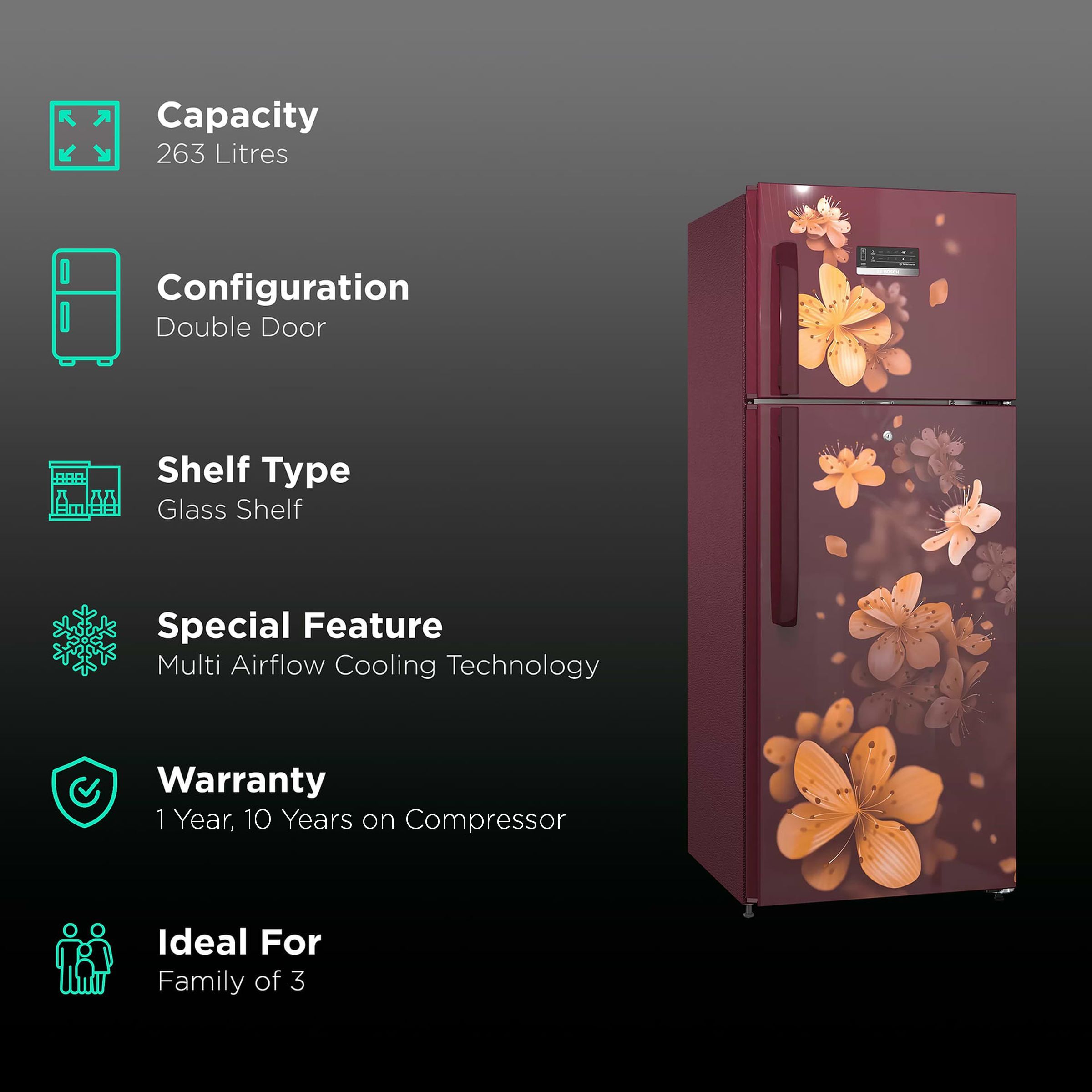 BOSCH Series 4 243 Litres 3 Star Frost Free Double Door Convertible Refrigerator with Temperature Display (CTC27W13EI, Acasia Wine)_2