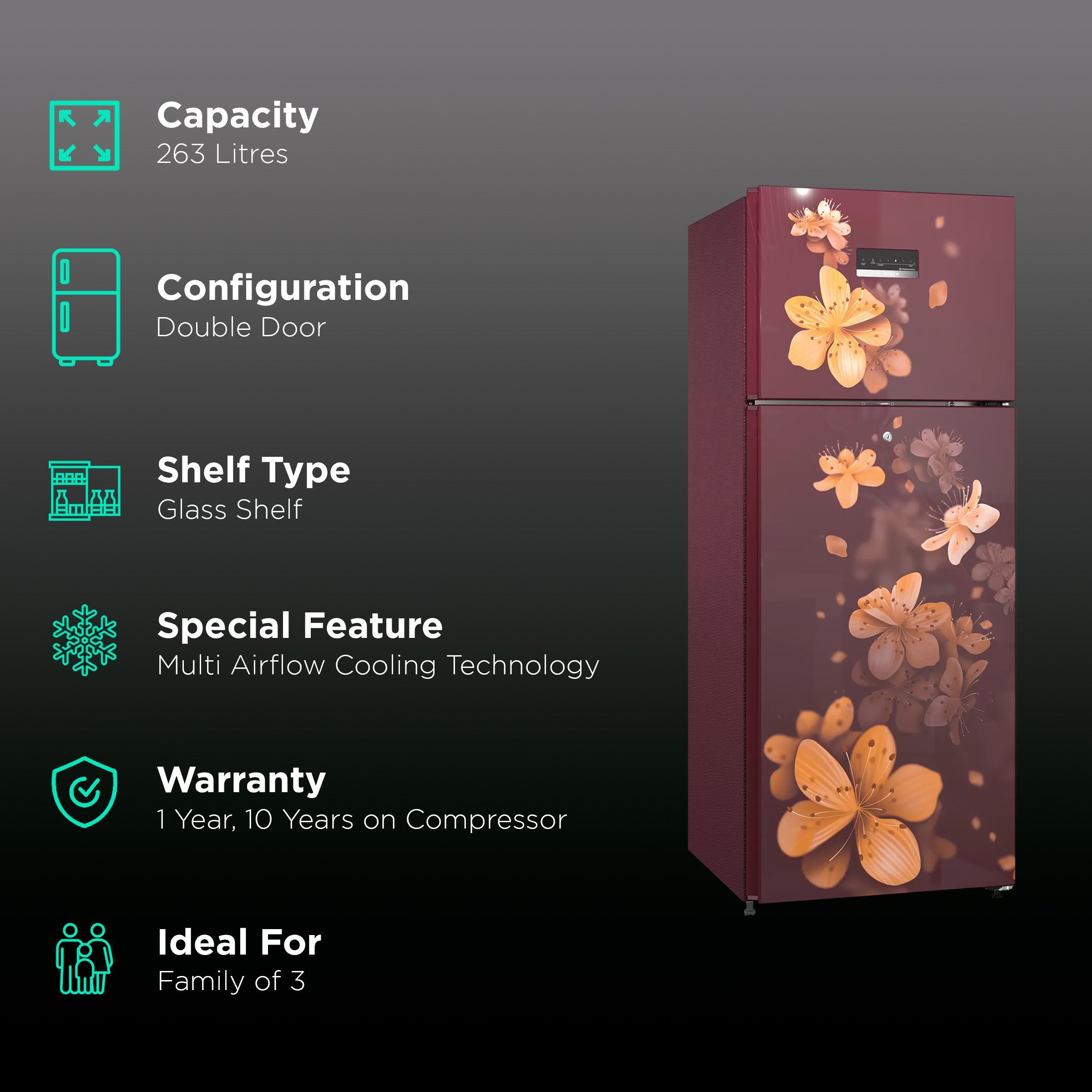 BOSCH Series 2 243 Litres 3 Star Frost Free Double Door Refrigerator with Temperature Display (CTN27W13NI, Acasia Wine) BOSCH Series 2 243 Litres 3 Star Frost Free Double Door Refrigerator with Temperature Display (CTN27W13NI, Acasia Wine)_2