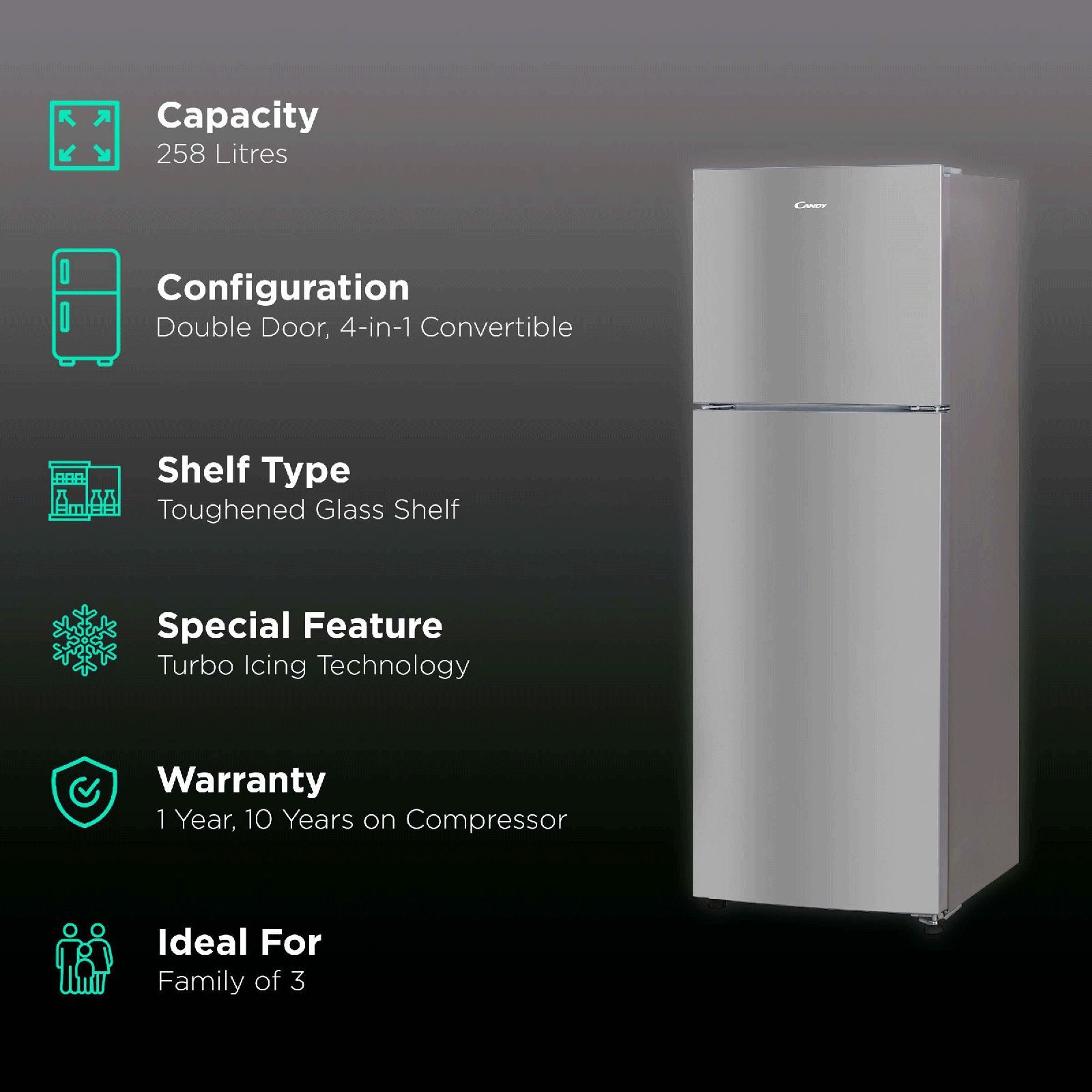 CANDY 258 Litres 2 Star Frost Free Double Door Convertible Refrigerator with Multi Air Flow System (CDD2582MS, Moon Silver) CANDY 258 Litres 2 Star Frost Free Double Door Convertible Refrigerator with Multi Air Flow System (CDD2582MS, Moon Silver)_2