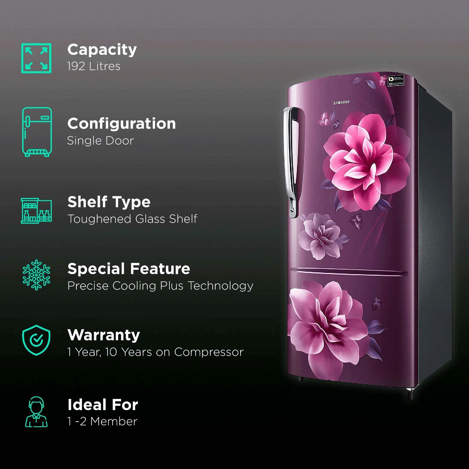 SAMSUNG Grande 192 Litres 3 Star Direct Cool Single Door Refrigerator with Anti-Bacterial Gasket (RR20A172YCR/HL, Camellia Purple)_2