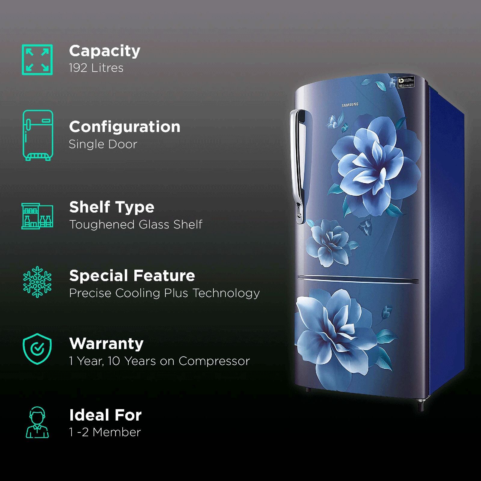 SAMSUNG Stylish Grande 192 Litres 3 Star Direct Cool Single Door Refrigerator with Anti-Bacterial Gasket (RR20A172YCU/HL, Camellia Blue) SAMSUNG Stylish Grande 192 Litres 3 Star Direct Cool Single Door Refrigerator with Anti-Bacterial Gasket (RR20A172YCU/HL, Camellia Blue)_2