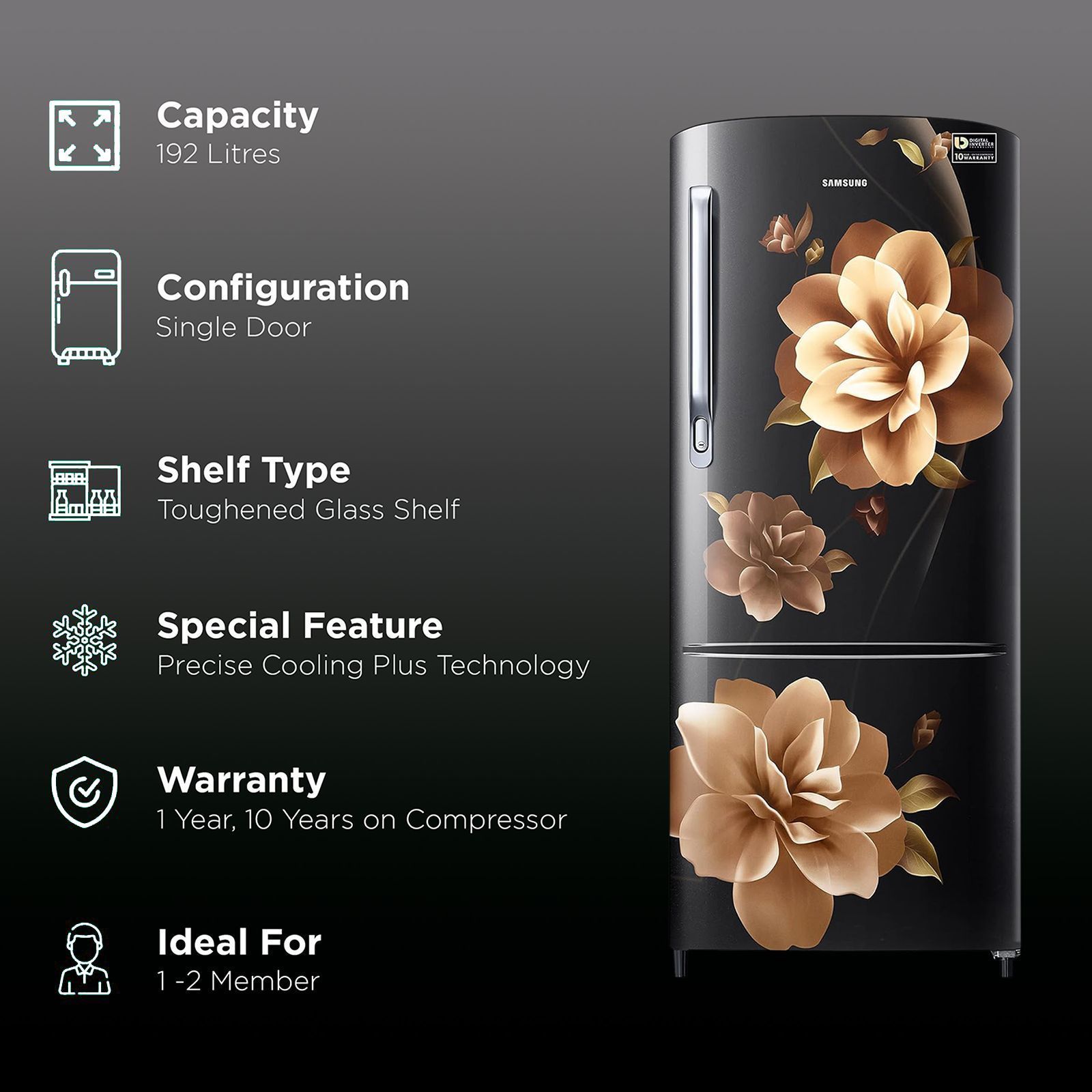 SAMSUNG Stylish Grande 192 Litres 3 Star Direct Cool Single Door Refrigerator with Anti-Bacterial Gasket (RR20A172YCB/HL, Camellia Black)_2