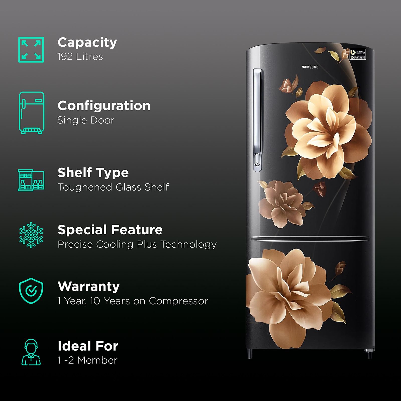 SAMSUNG Stylish Grande 192 Litres 3 Star Direct Cool Single Door Refrigerator with Anti-Bacterial Gasket (RR20A172YCB/HL, Camellia Black) SAMSUNG Stylish Grande 192 Litres 3 Star Direct Cool Single Door Refrigerator with Anti-Bacterial Gasket (RR20A172YCB/HL, Camellia Black)_2