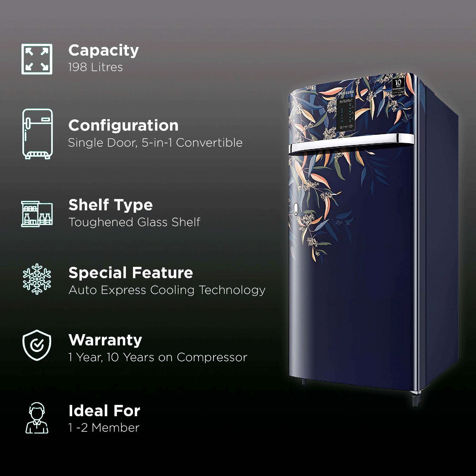 SAMSUNG Digi-Touch Cool 198 Litres 3 Star Direct Cool Single Door Refrigerator with Base Stand Drawer (RR21A2E2YTU/HL, Delight Indigo)_2