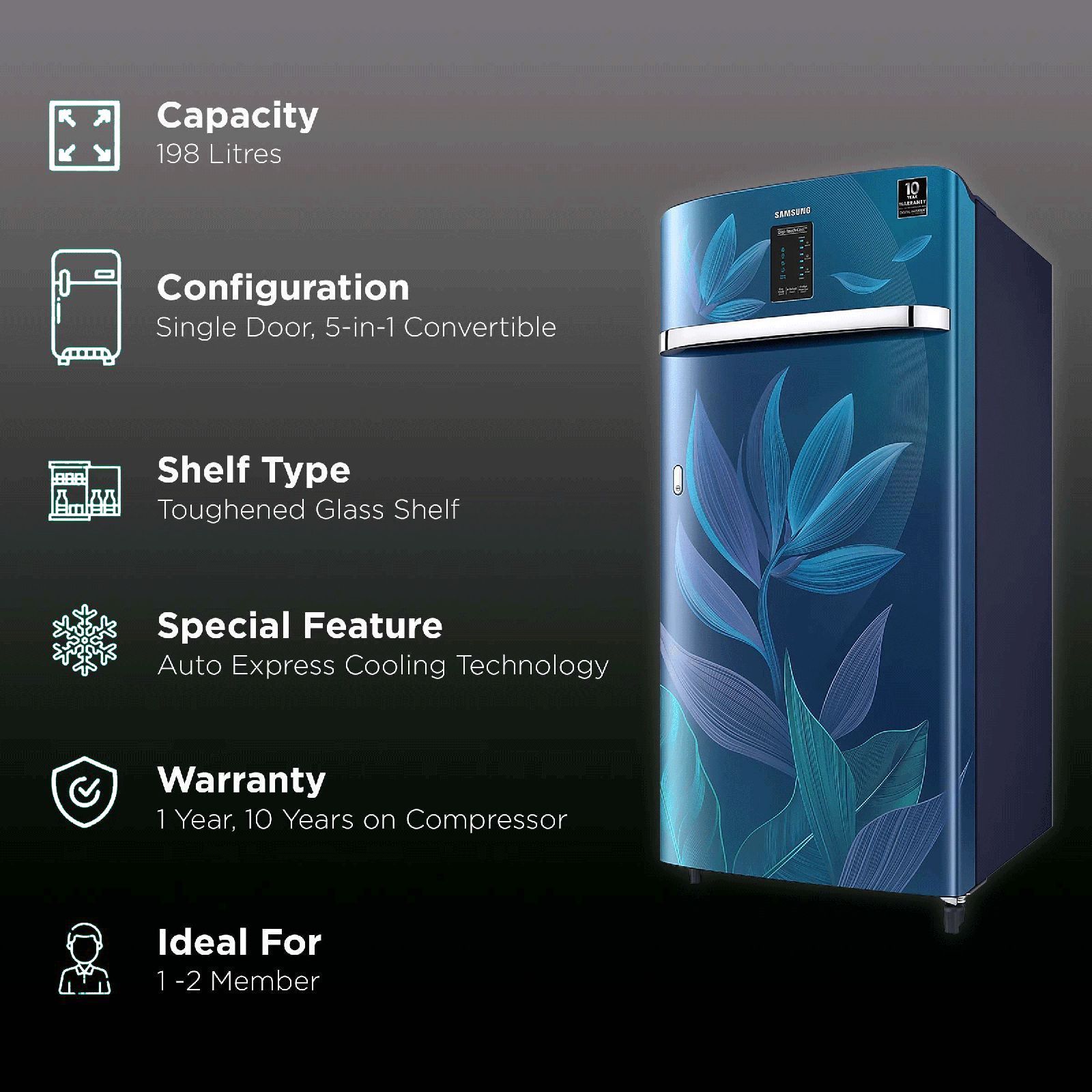 SAMSUNG Digi-Touch Cool 198 Litres 4 Star Direct Cool Single Door Refrigerator with Base Stand Drawer (RR21A2E2X9U/HL, Paradise Bloom Blue)_2