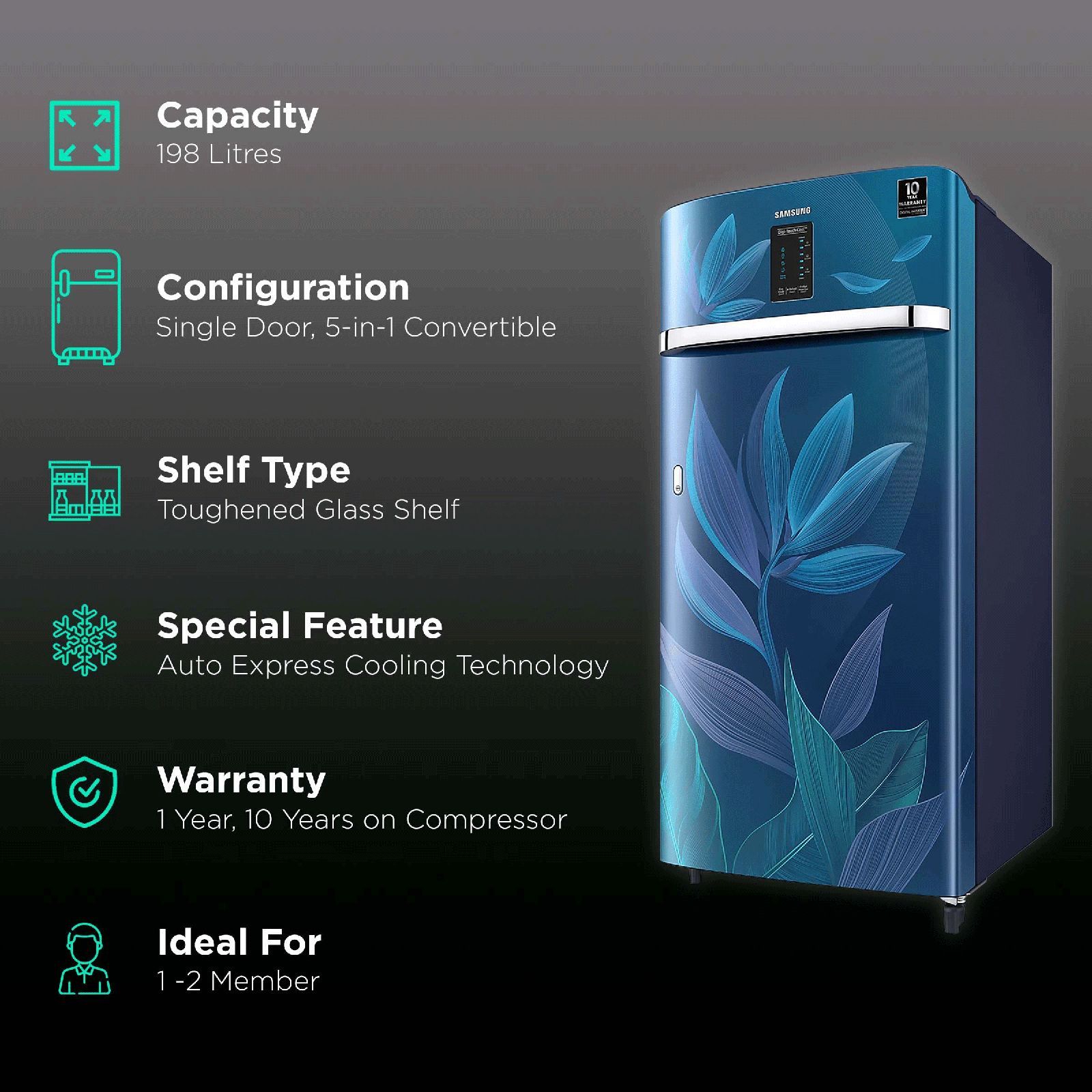 SAMSUNG Digi-Touch Cool 198 Litres 4 Star Direct Cool Single Door Refrigerator with Base Stand Drawer (RR21A2E2X9U/HL, Paradise Bloom Blue)_2