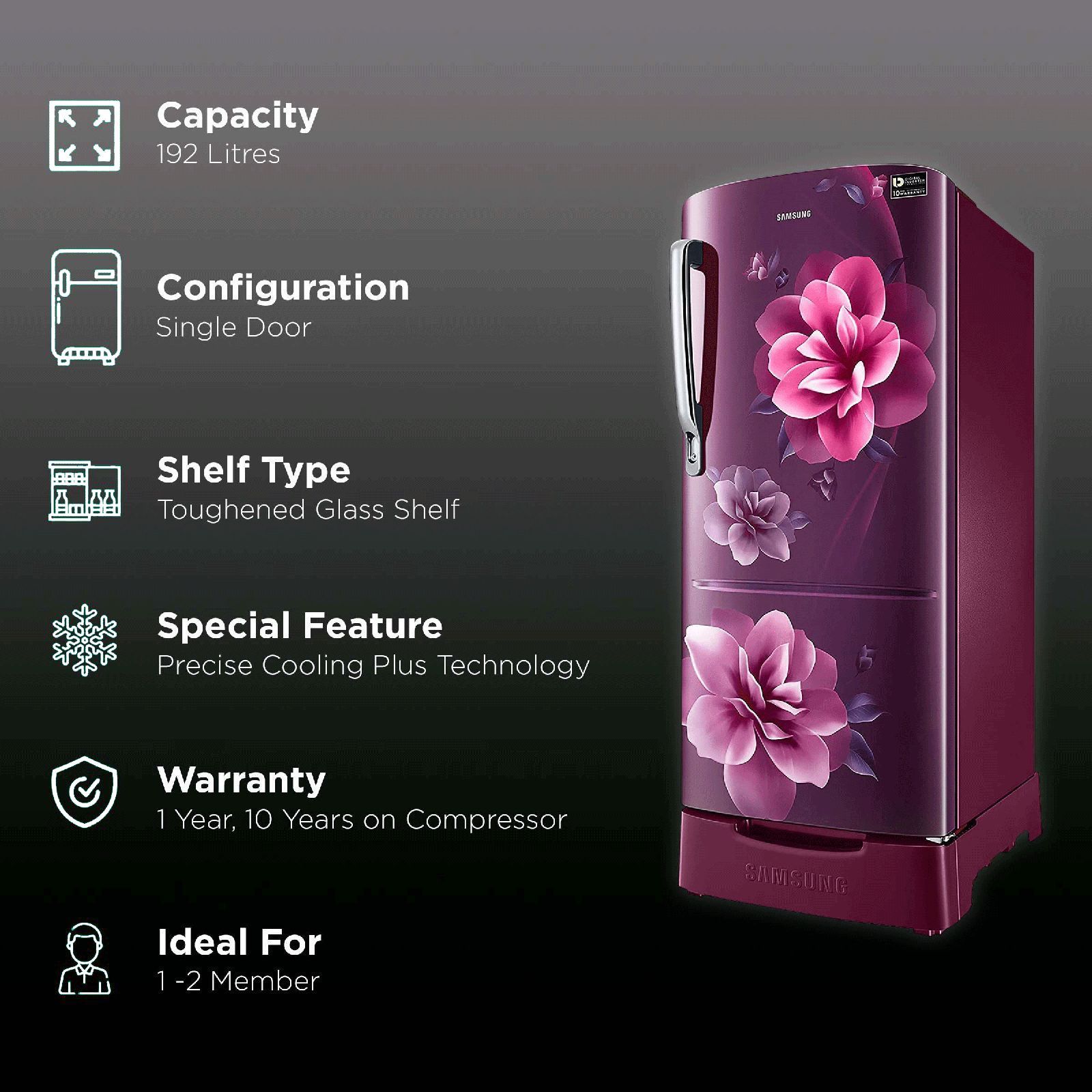 SAMSUNG Grande 192 Litres 3 Star Direct Cool Single Door Refrigerator with Base Stand Drawer (RR20A182YCR/HL, Camellia Purple)_2