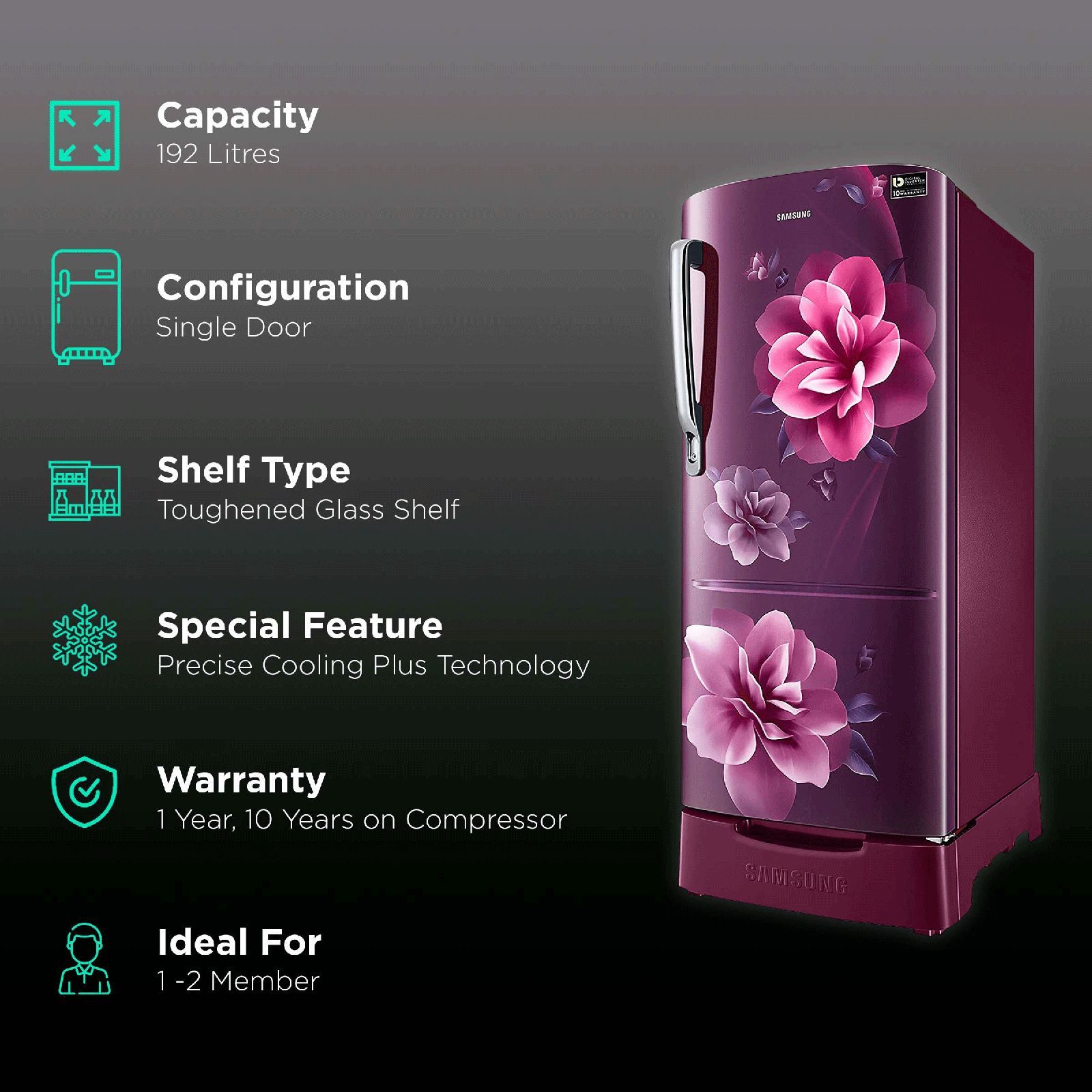 SAMSUNG Grande 192 Litres 3 Star Direct Cool Single Door Refrigerator with Base Stand Drawer (RR20A182YCR/HL, Camellia Purple)_2