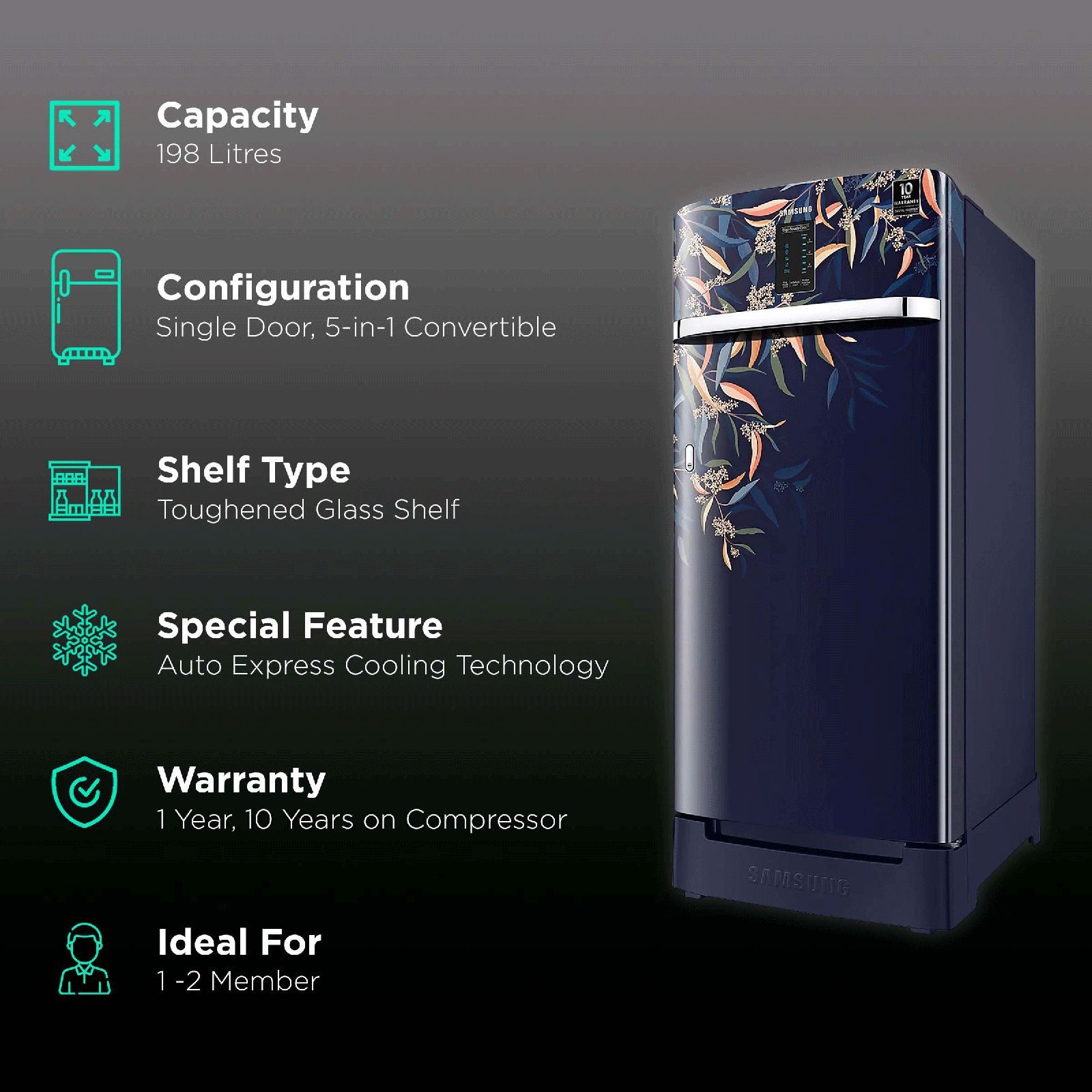 SAMSUNG Digi-Touch Cool 198 Litres 3 Star Direct Cool Single Door Refrigerator with Base Stand Drawer (RR21A2F2YTU/HL, Delight Indigo) SAMSUNG Digi-Touch Cool 198 Litres 3 Star Direct Cool Single Door Refrigerator with Base Stand Drawer (RR21A2F2YTU/HL, Delight Indigo)_2